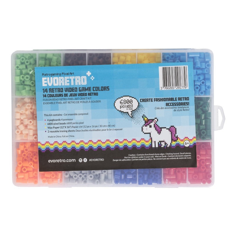 EVORETRO Fuse Beads kit in a Box, 14 Exclusive Colors 6,800 Pixel Perler  Beads with 4 Interlocked peg Boards, Pliers, Extra 2 Bags Black & 1 Bag  White