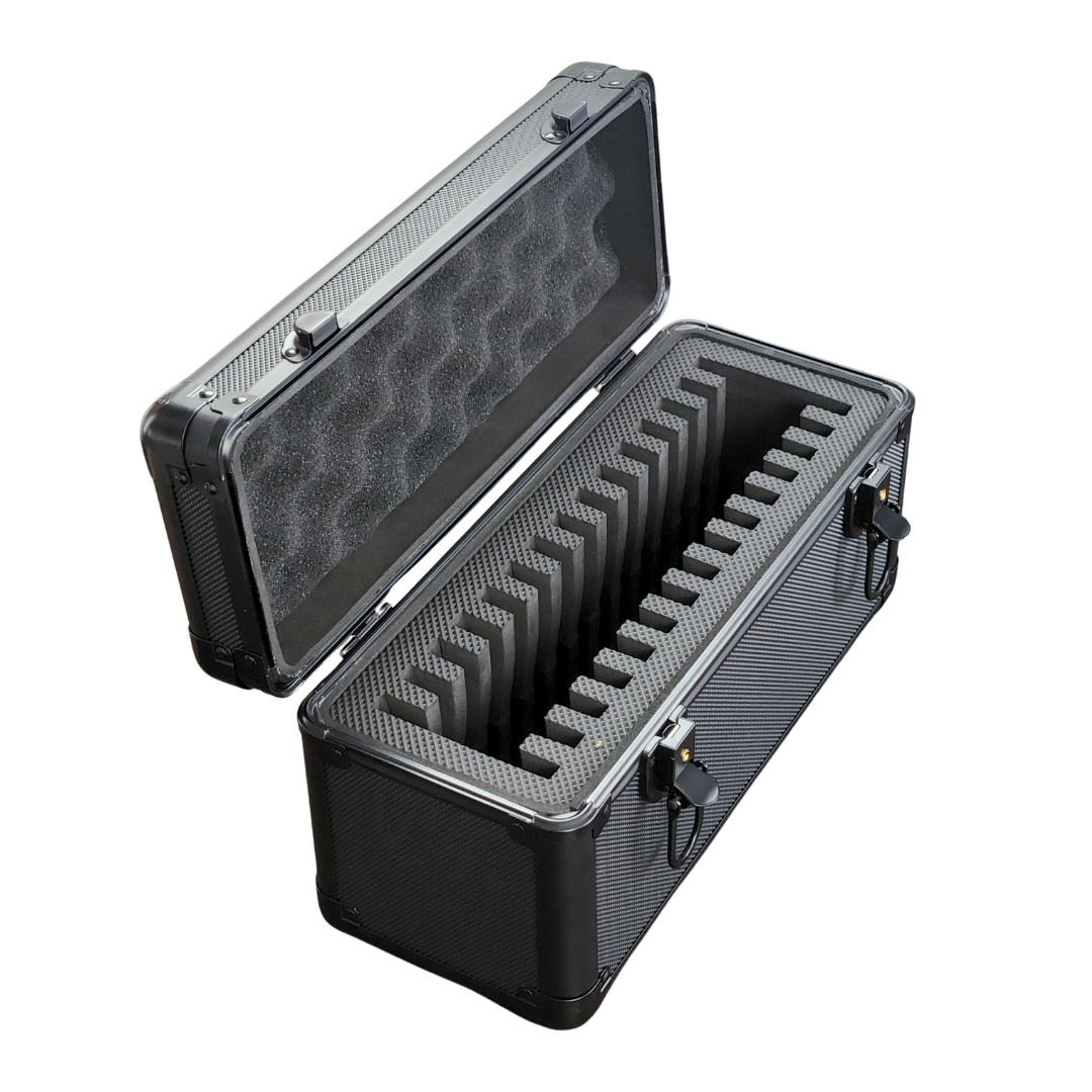 Front view of 15-slab case, open and empty