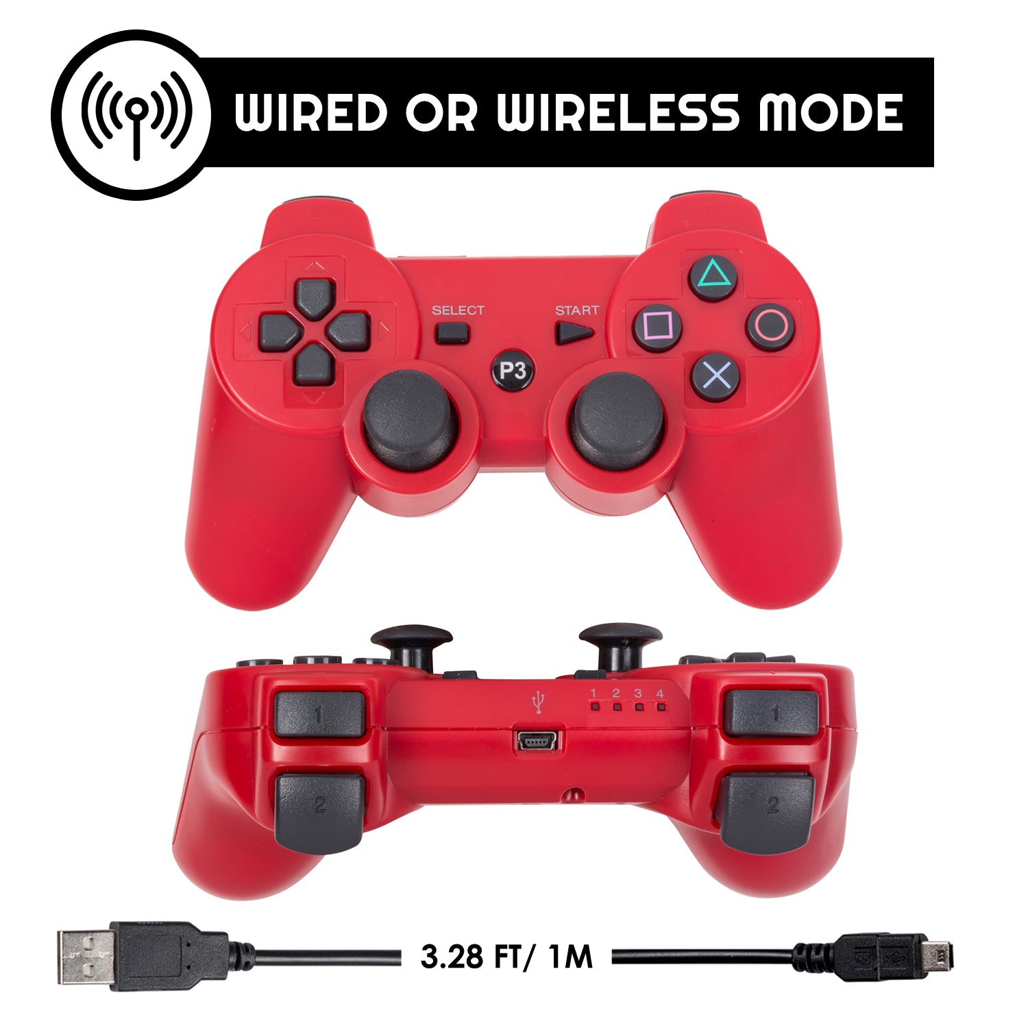 Red PS3 Controller with Charging Cable – Wireless & PC Compatible