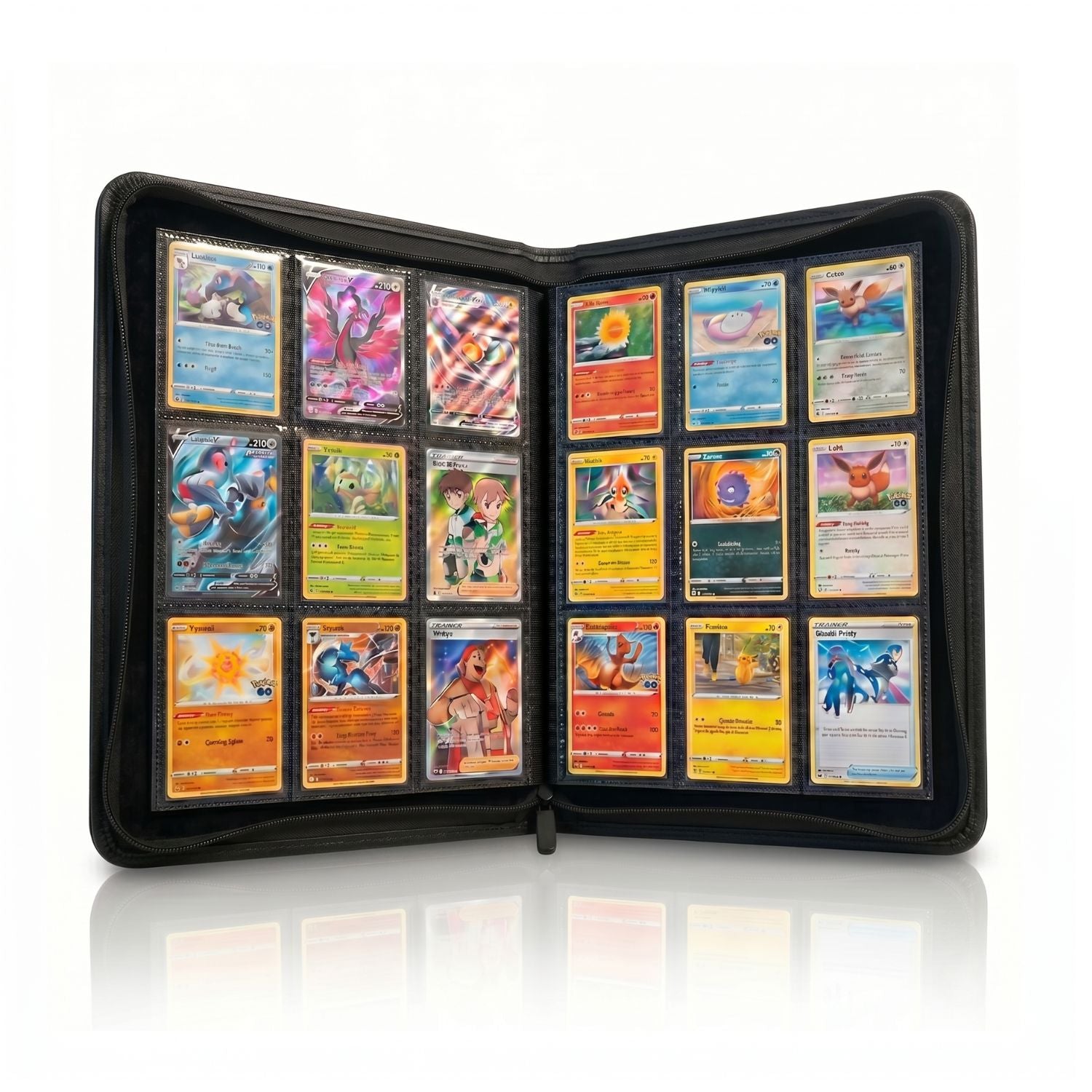 black 9 pocket zip up binder open with cards inside