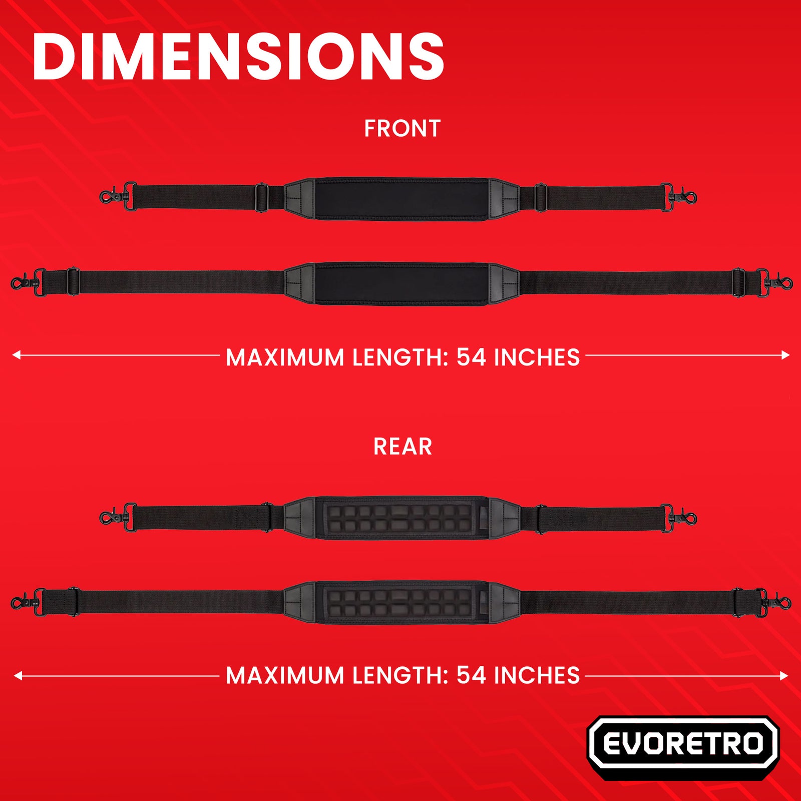 Dimensions of a black strap on a red background with 'EVORETRO' branding.