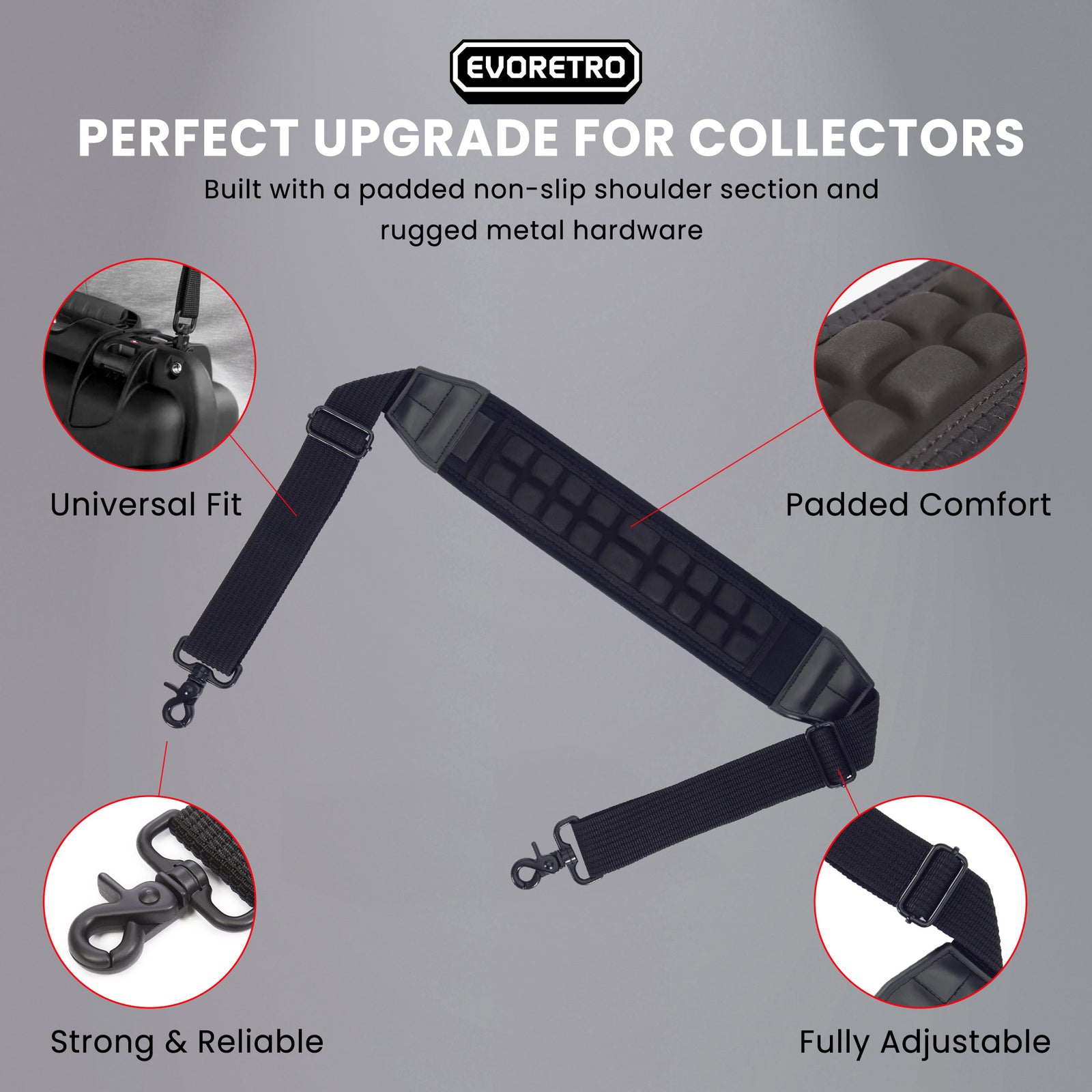 Black shoulder strap with features highlighted on a gray background, branded 'EVORETRO'.