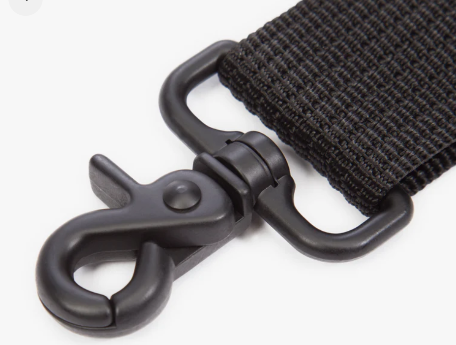 Close-up of black metal swivel clip attached to a black webbing strap, set against a white background.