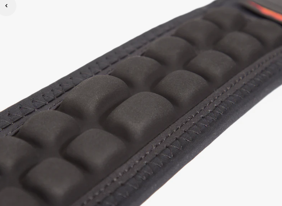 Close-up of black textured shoulder strap belt on a white background.