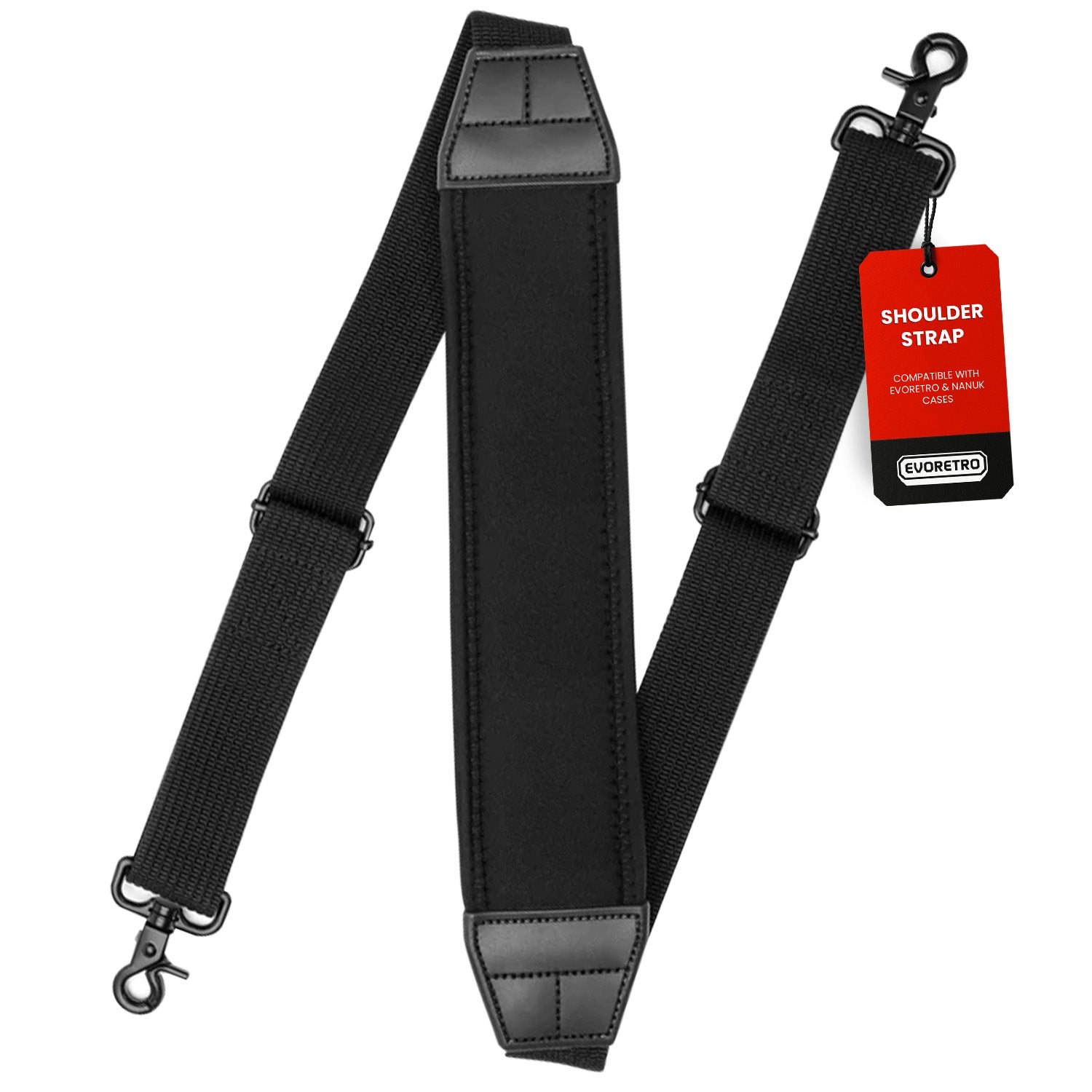 Black shoulder strap with a red and black product tag labeled 
