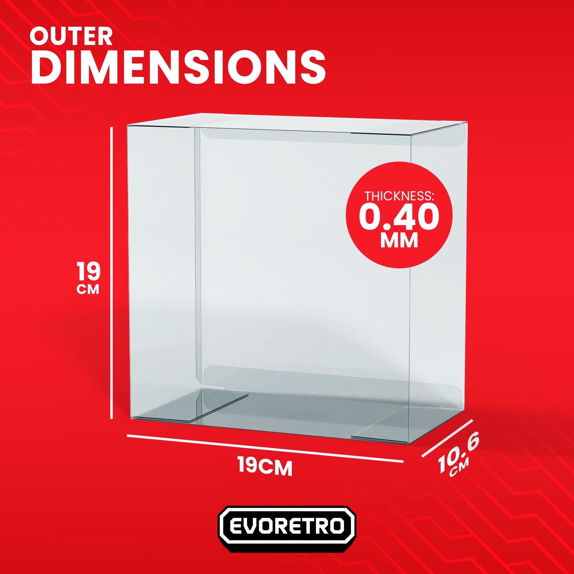 Empty PET protector for Star Wars Micro Galaxy Squadron, dimensions in cm shown on bold red background