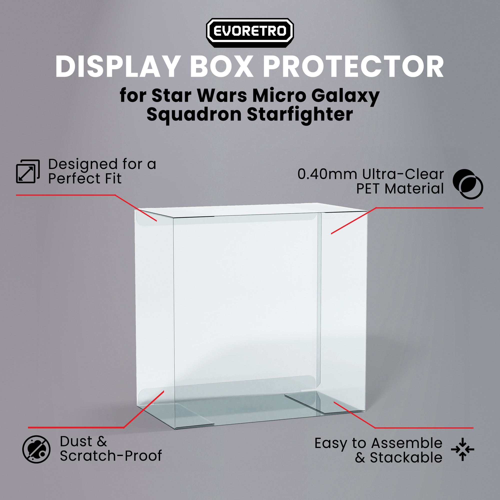 Empty PET protector for Star Wars Micro Galaxy Squadron, shown on gray background with key features highlighted