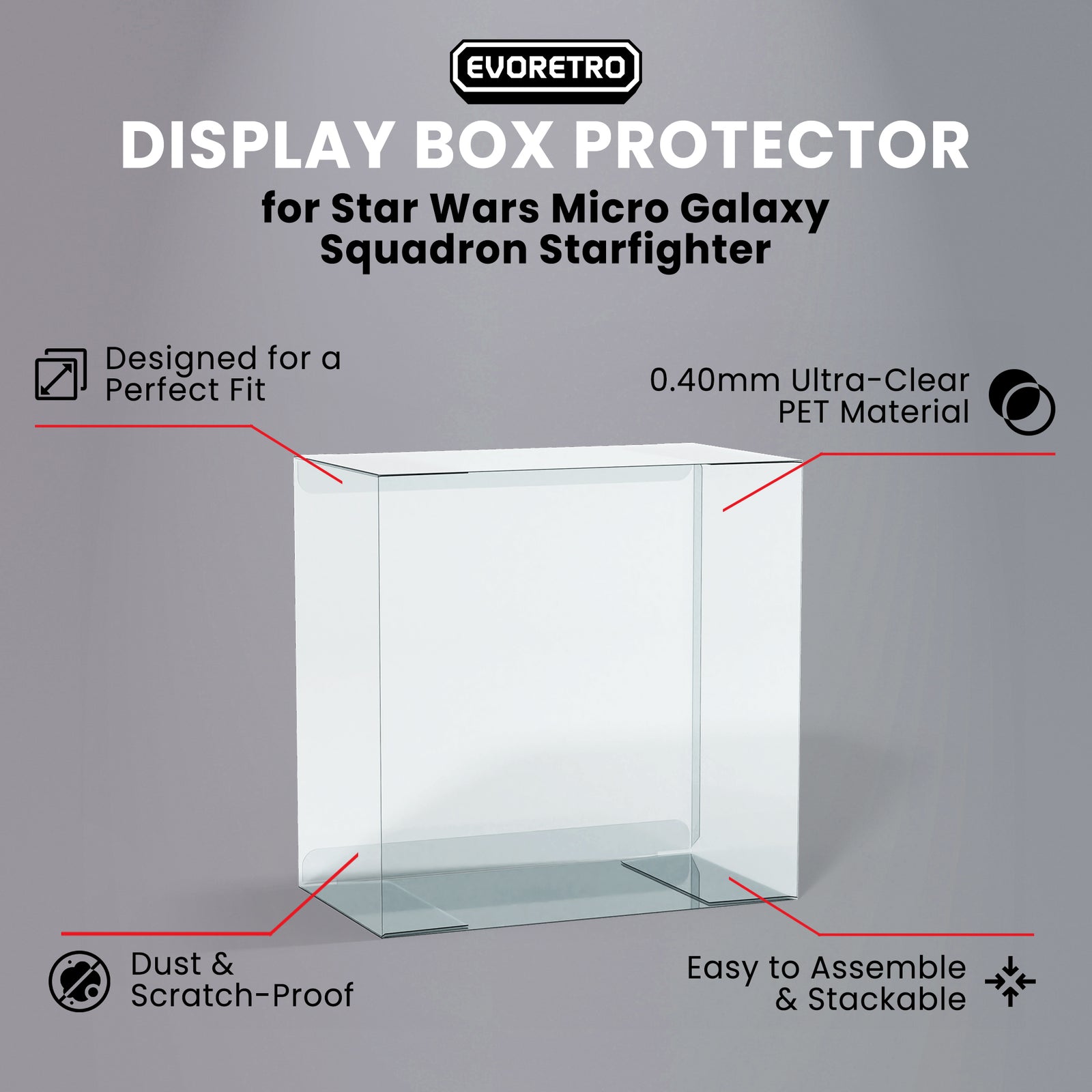 Empty PET protector for Star Wars Micro Galaxy Squadron, shown on gray background with key features highlighted