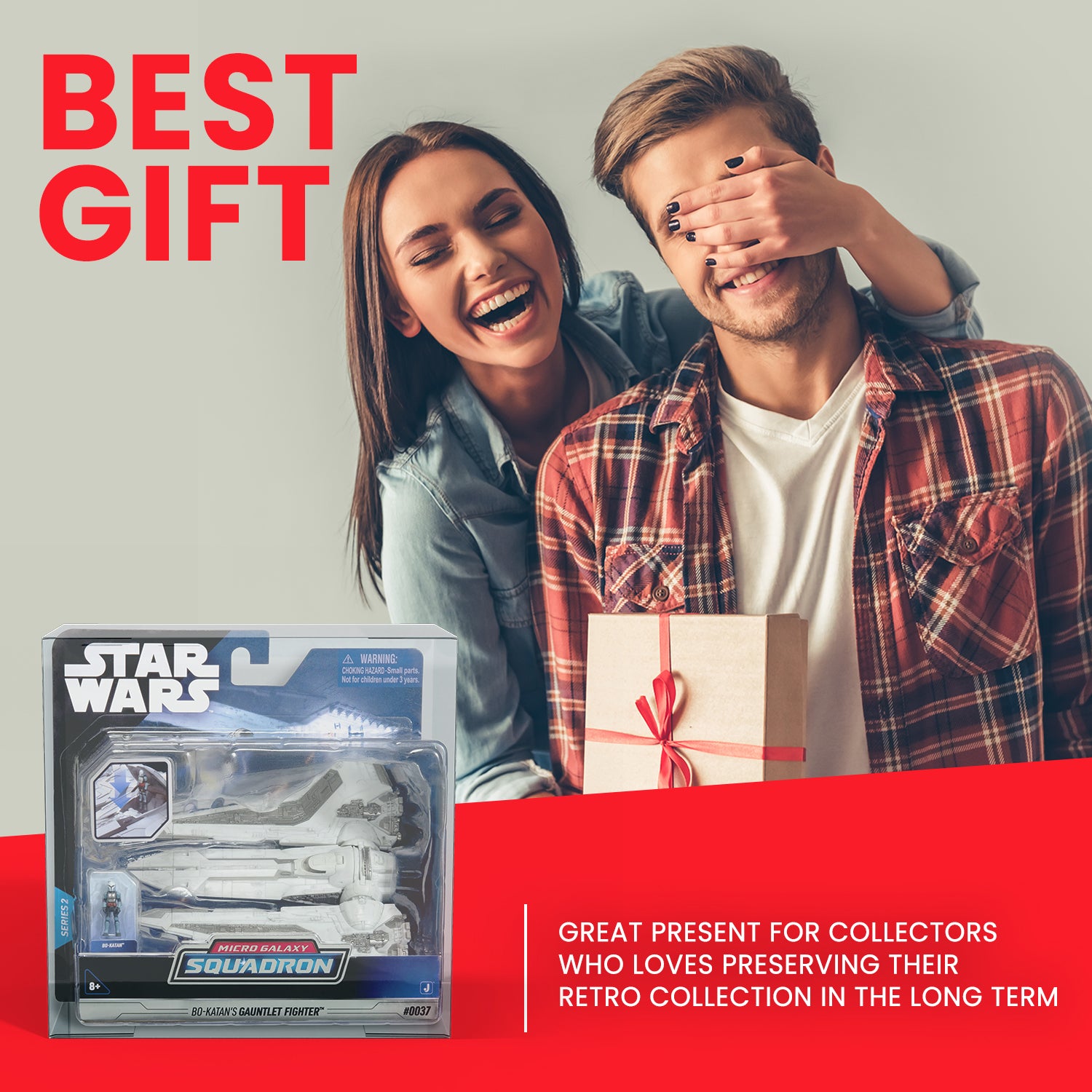 Woman covering man's eyes while holding gift, PET protector with Micro Galaxy Squadron starfighter shown on left side