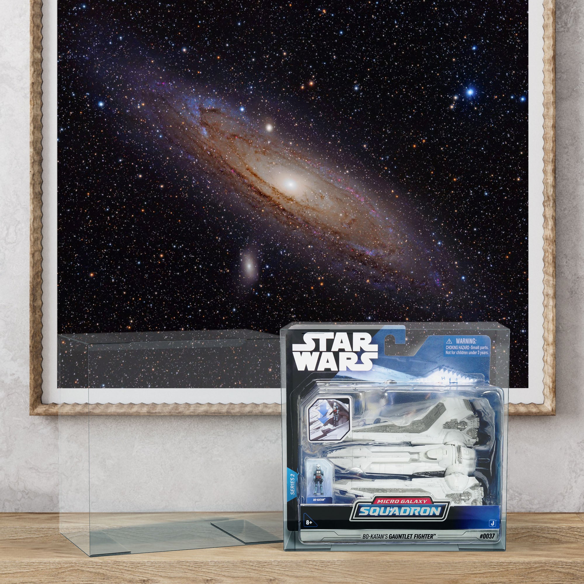 Two PET protectors for Star Wars Micro Galaxy Squadron, one with starfighter, set against a galaxy-themed background