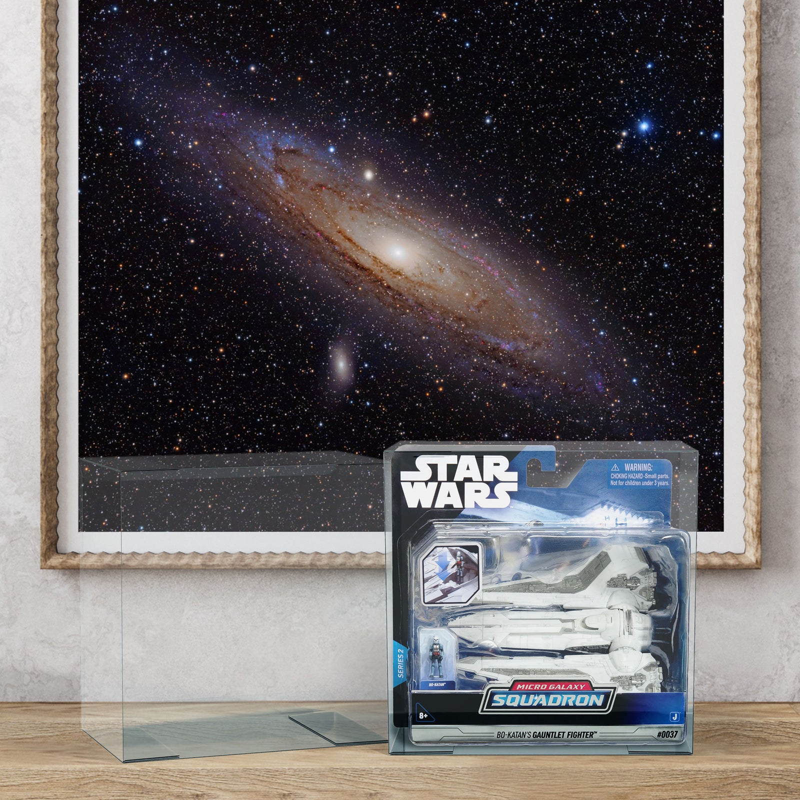 Two PET protectors for Star Wars Micro Galaxy Squadron, one with starfighter, set against a galaxy-themed background