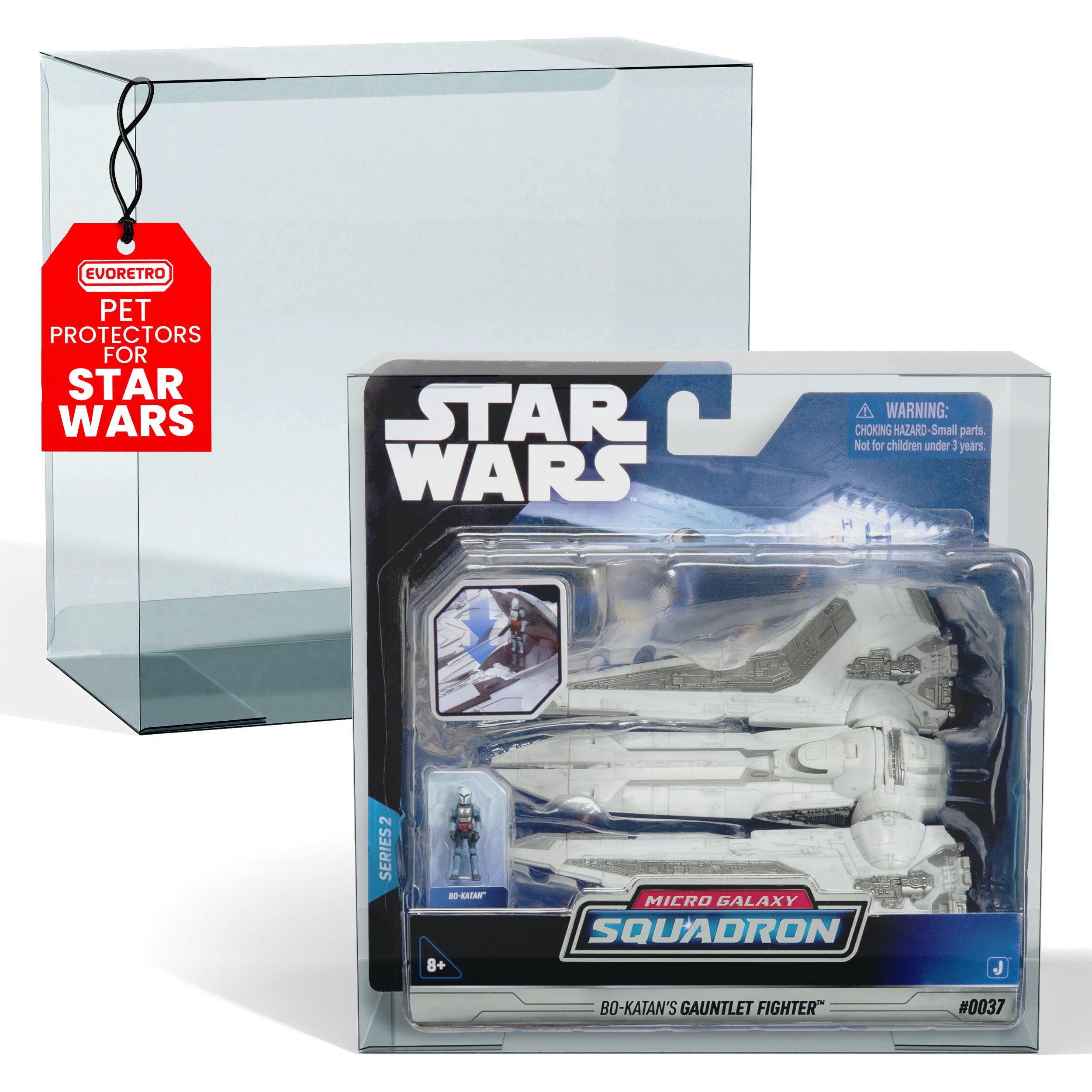 Two PET protectors for Star Wars Micro Galaxy Squadron, one with starfighter and red label "PET PROTECTORS FOR STAR WARS"