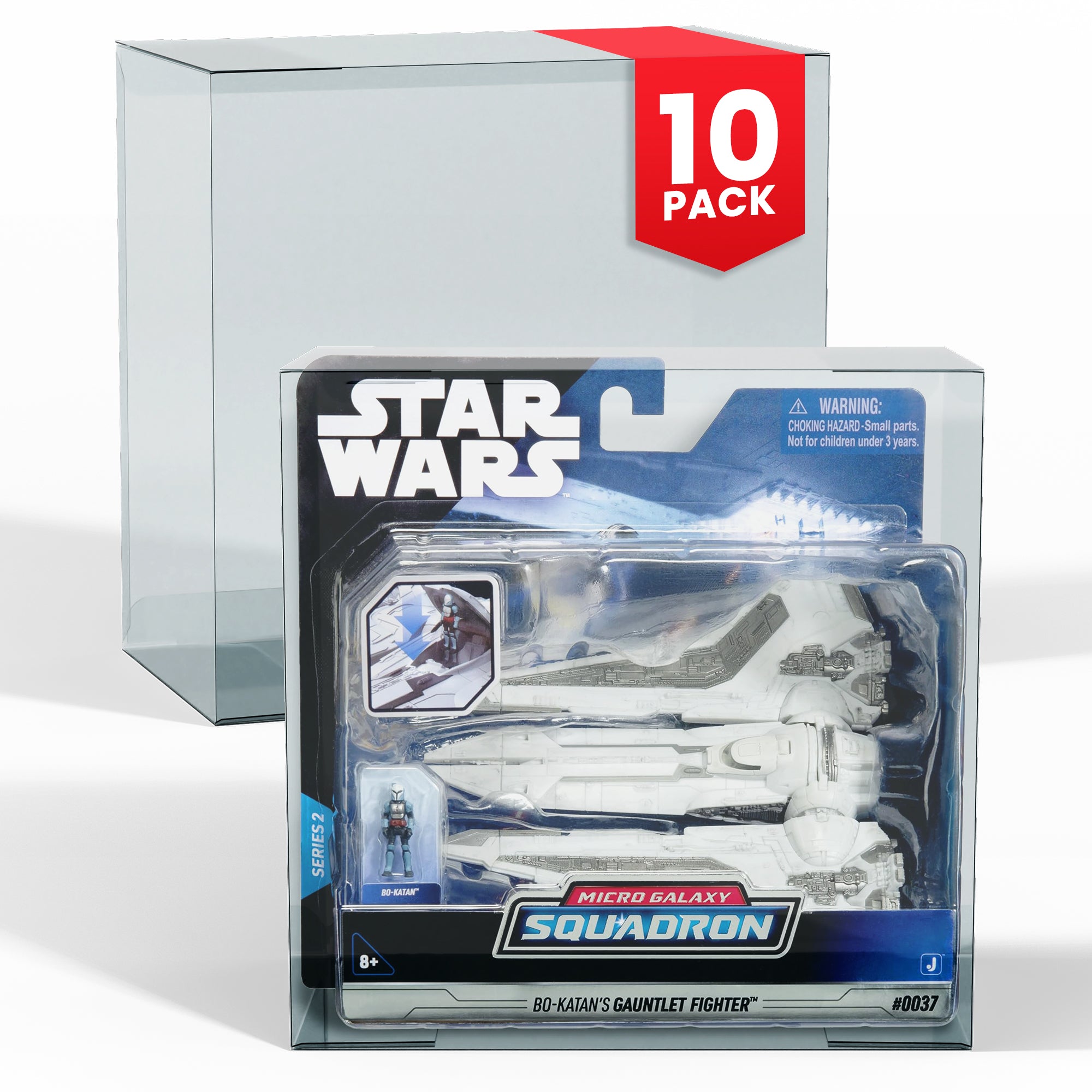 Two PET protectors for Star Wars Micro Galaxy Squadron, one with starfighter and red 10 PACK label, on white background