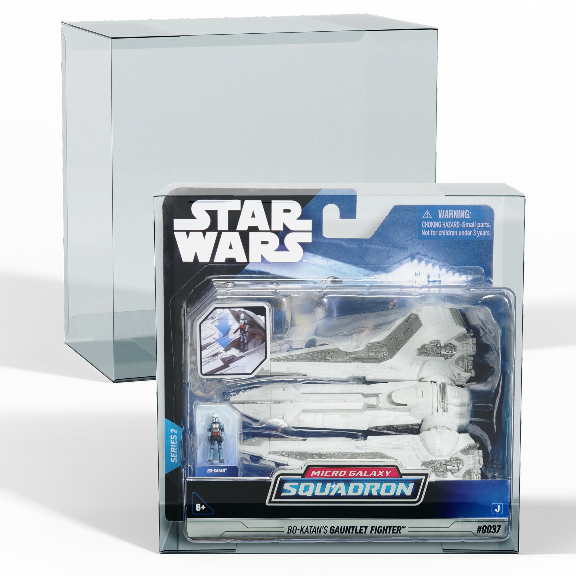 Two PET protectors for Star Wars Micro Galaxy Squadron, one empty and one with starfighter inside, on white background
