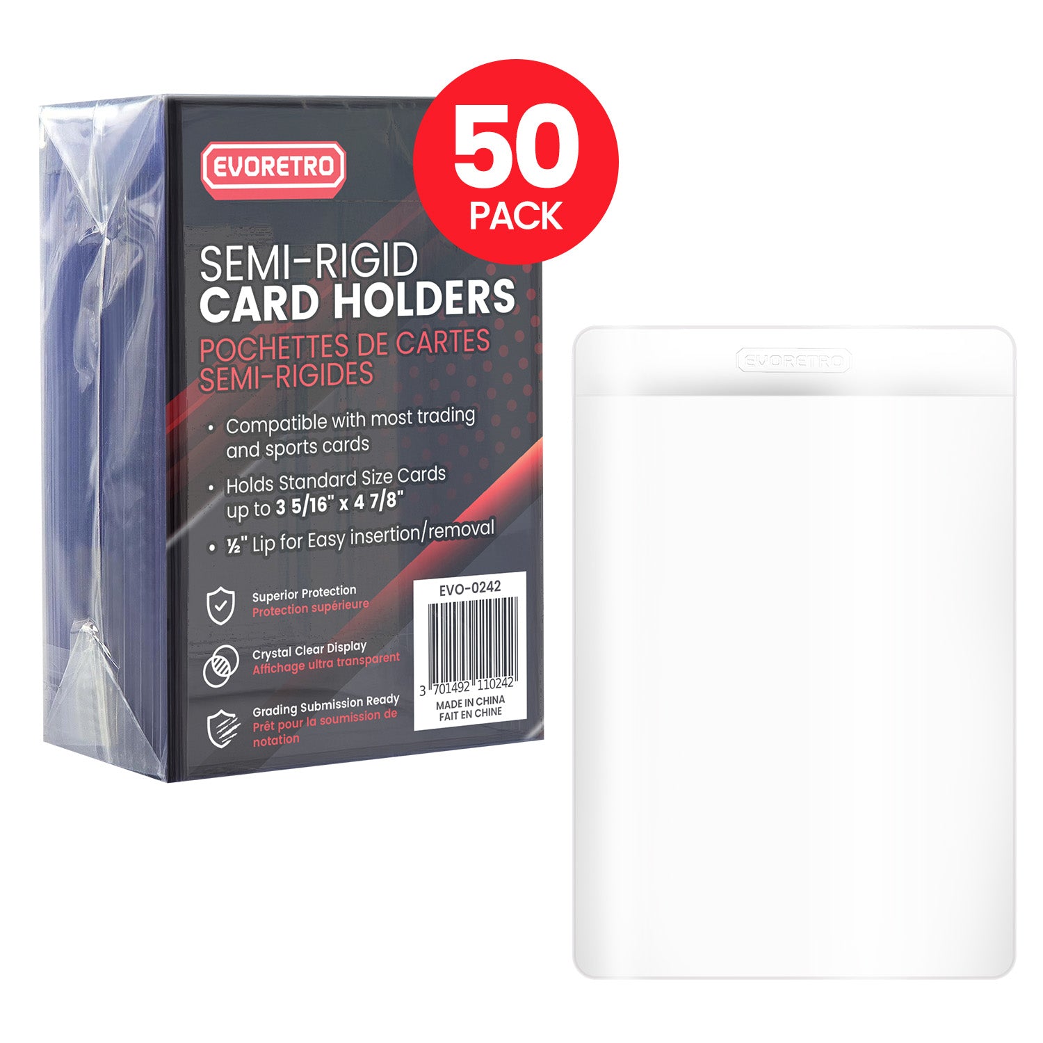 Packaging of Evoretro semi-rigid card holders with a clear plastic holder on a white background