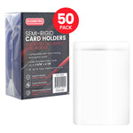 Packaging of Evoretro semi-rigid card holders with a clear plastic holder on a white background