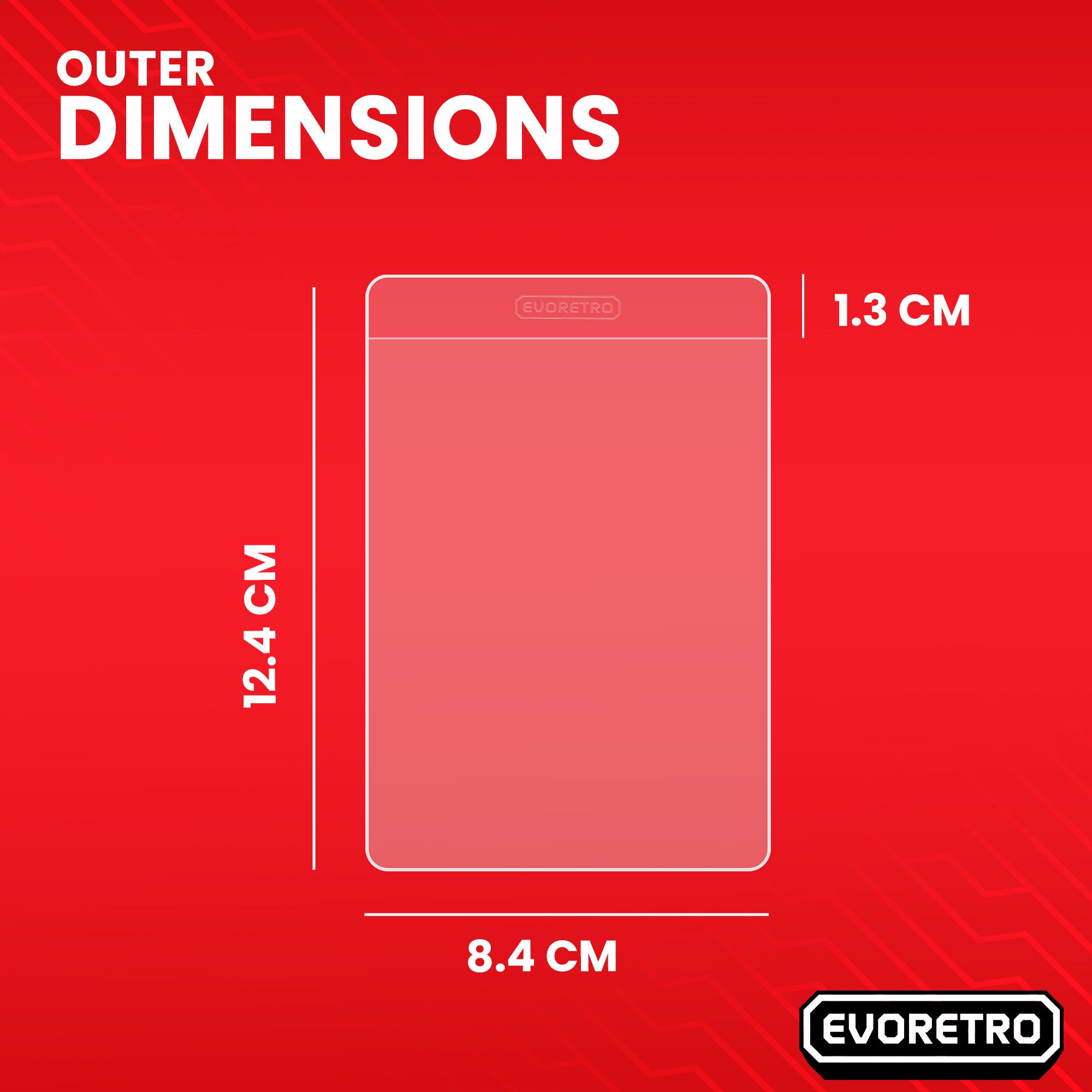Measurement chart for outer dimensions with Evoretro branding on a red background