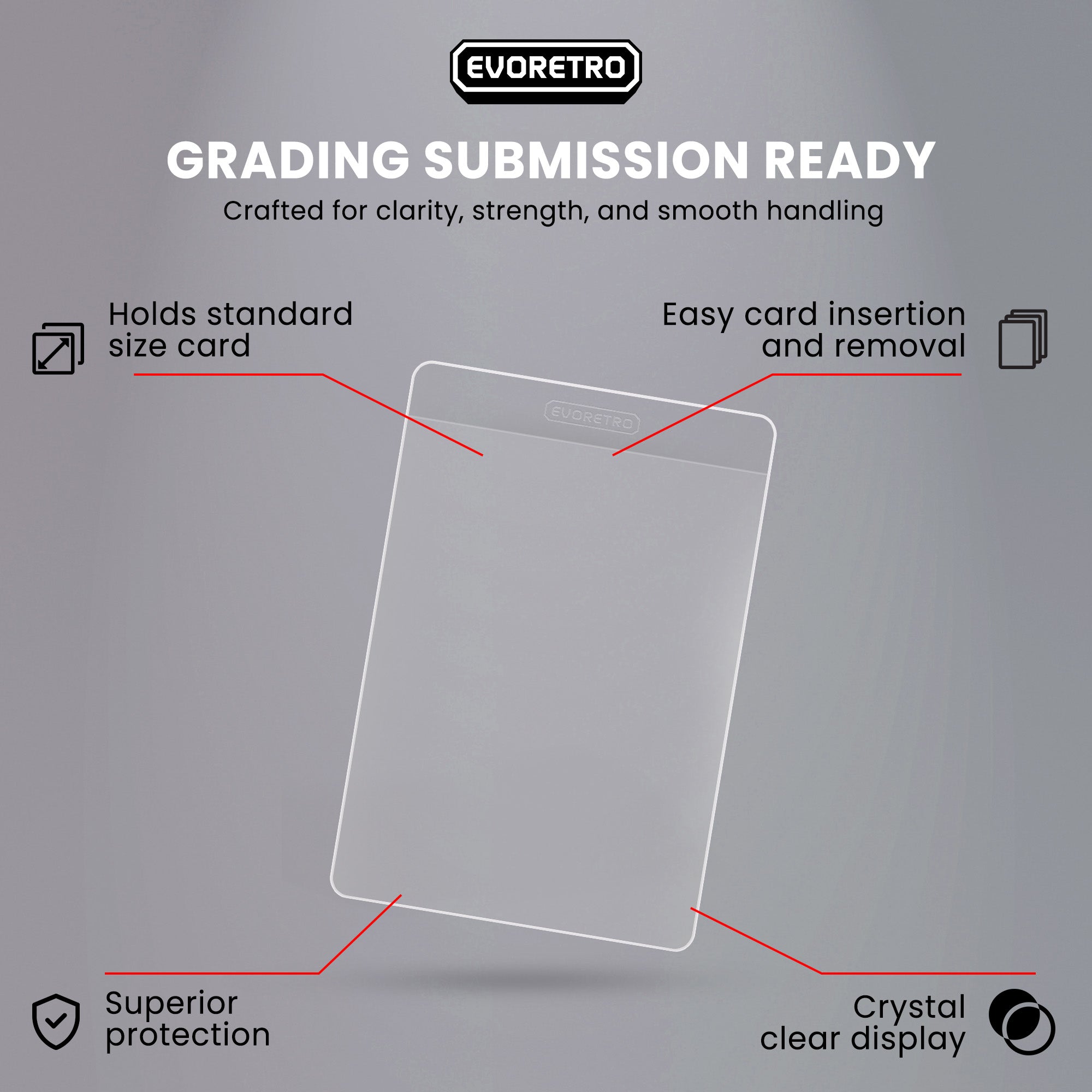 Clear protective card holder with features highlighted on a gray background, branded 'Evoretro'.