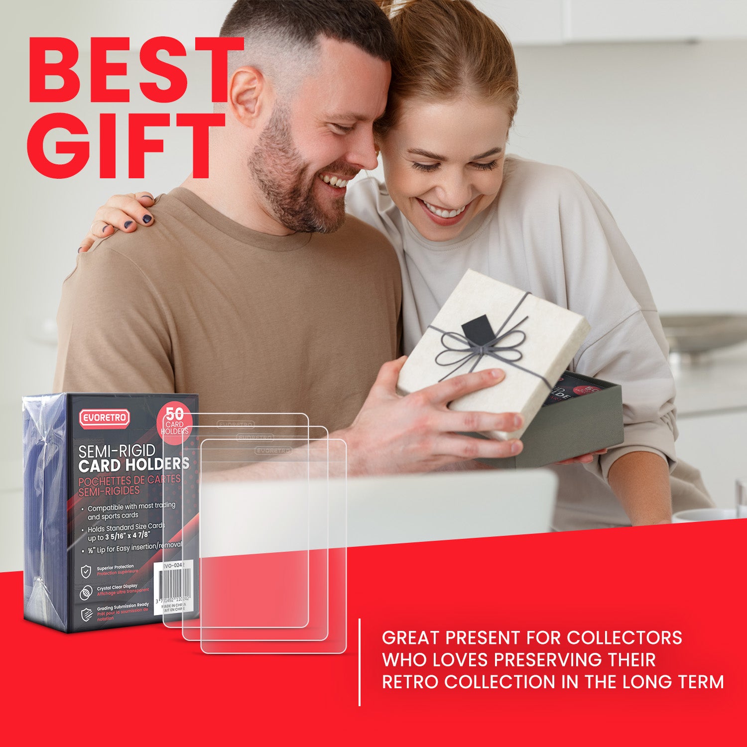 Man and woman opening a gift together with a product display of semi-rigid card holders.