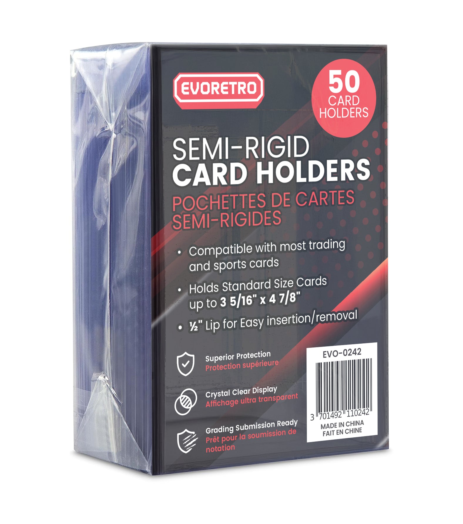 A pack of 50 EVORETRO Semi-Rigid Card Holders in a plastic packaging with a label showing the product details.