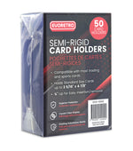 A pack of 50 EVORETRO Semi-Rigid Card Holders in a plastic packaging with a label showing the product details.