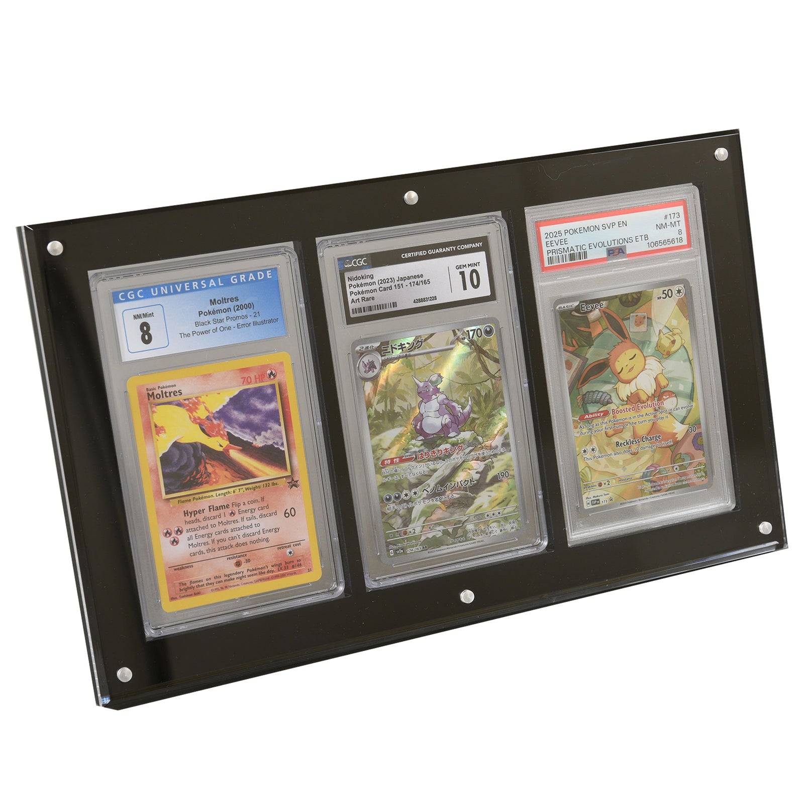 Black acrylic display frame holding three collectible graded trading cards, showcased on a clean white background.