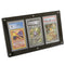 Black acrylic display frame holding three collectible graded trading cards, showcased on a clean white background.