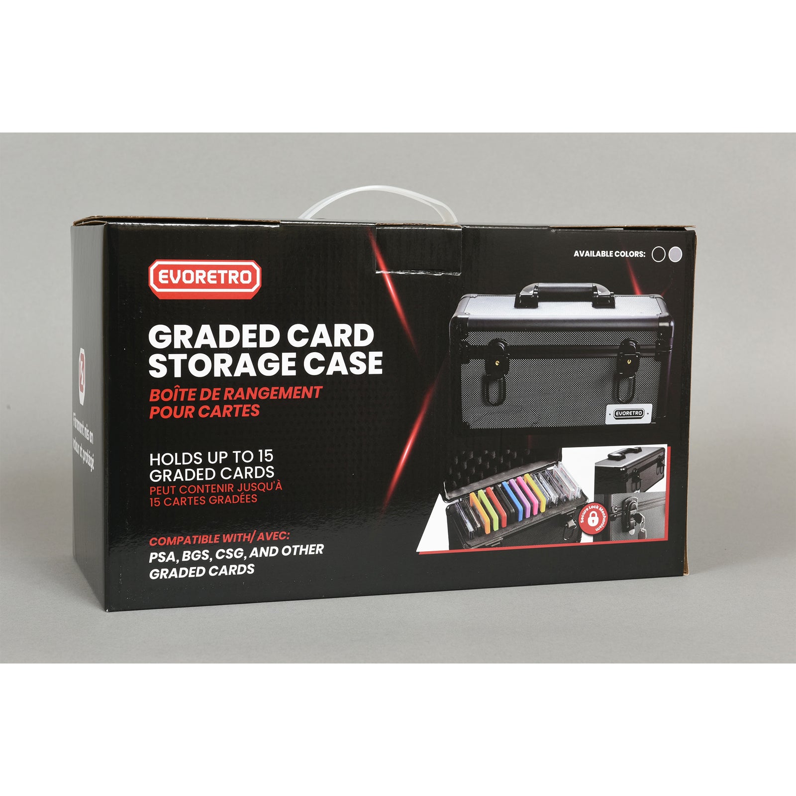 Black graded card storage case packaging with Evoretro branding on a gray background