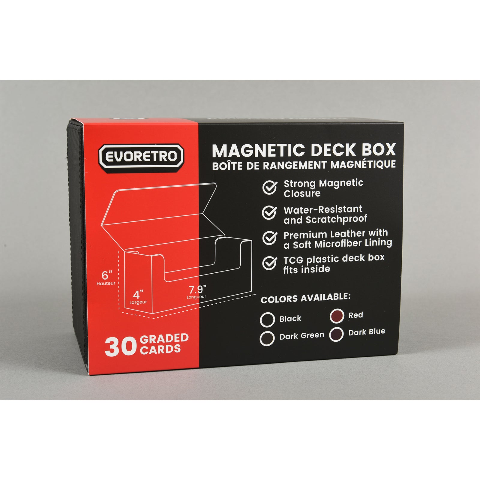 Evoretro magnetic deck box packaging with specifications on a gray background.