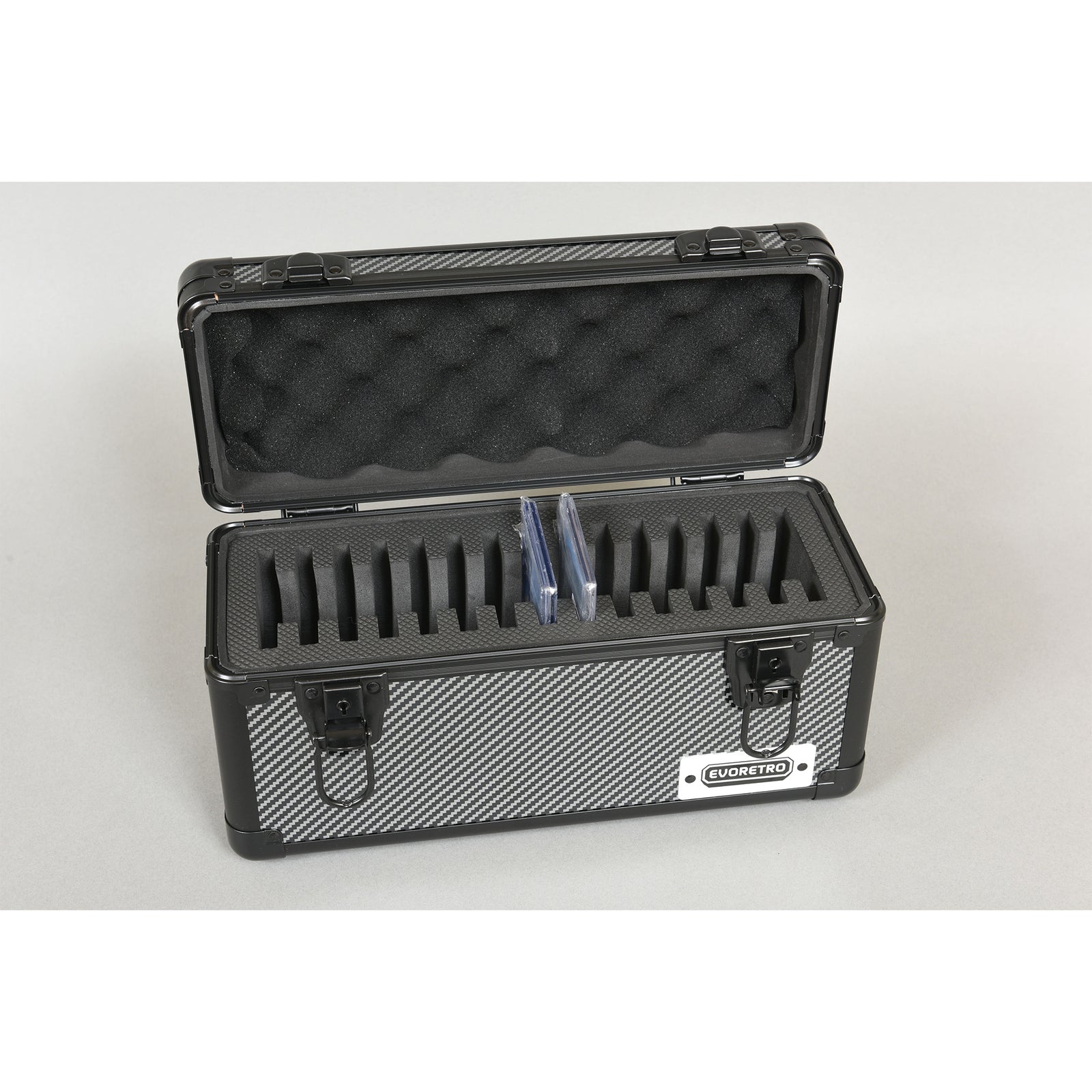 Open slab case with foam interior on a white and gray background