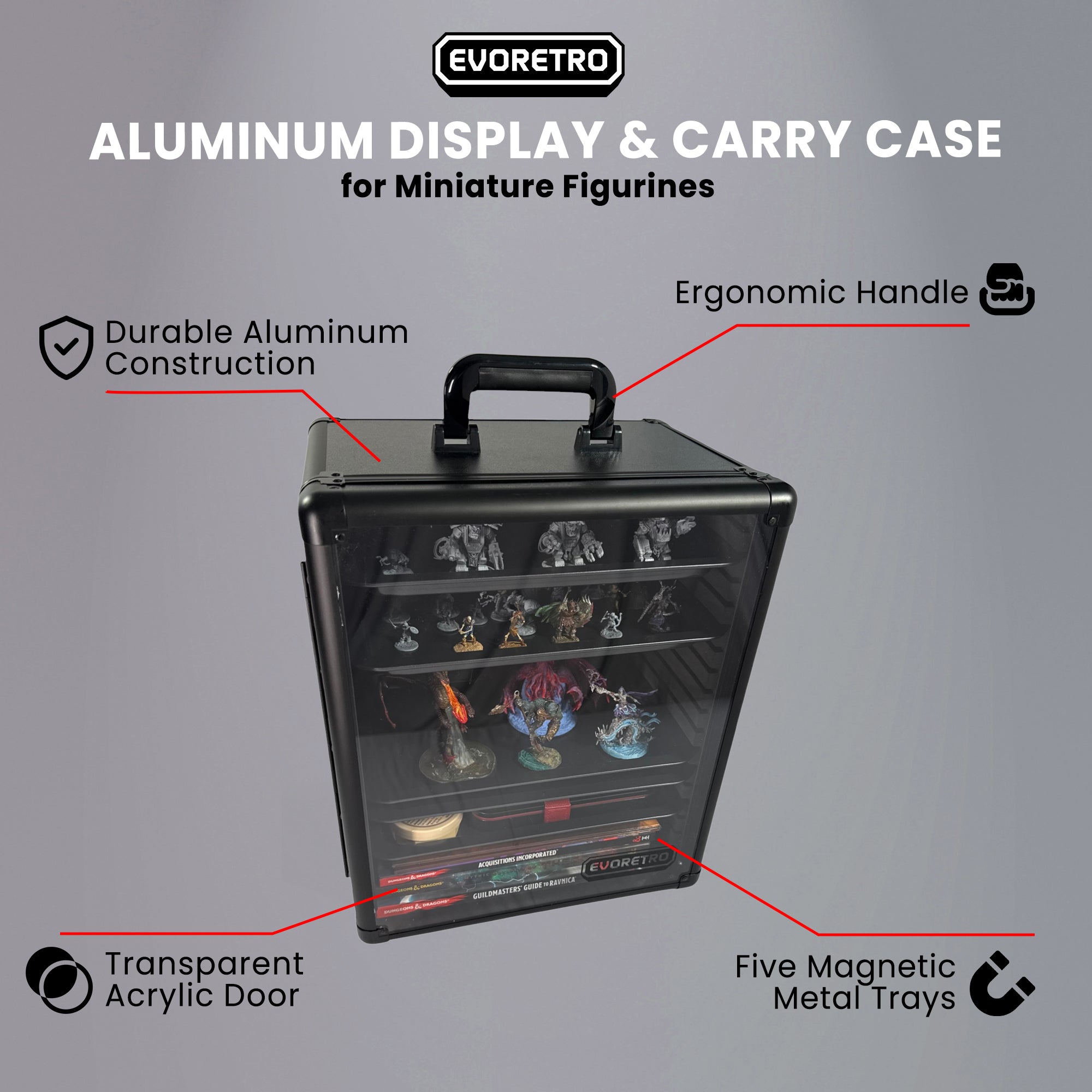 Aluminum Miniatures Display & Carry Case w/ 5 Metal Trays for Collectible Figures and Models