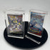 EVORETRO magnetic acrylic booster pack case displaying sealed trading card packs with open lid on stand