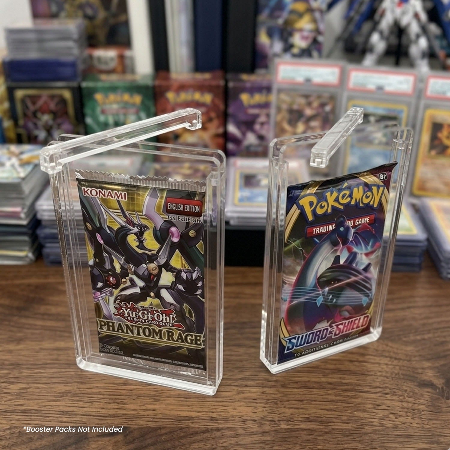 EVORETRO acrylic booster pack cases displaying sealed Pokemon and YuGiOh packs on table