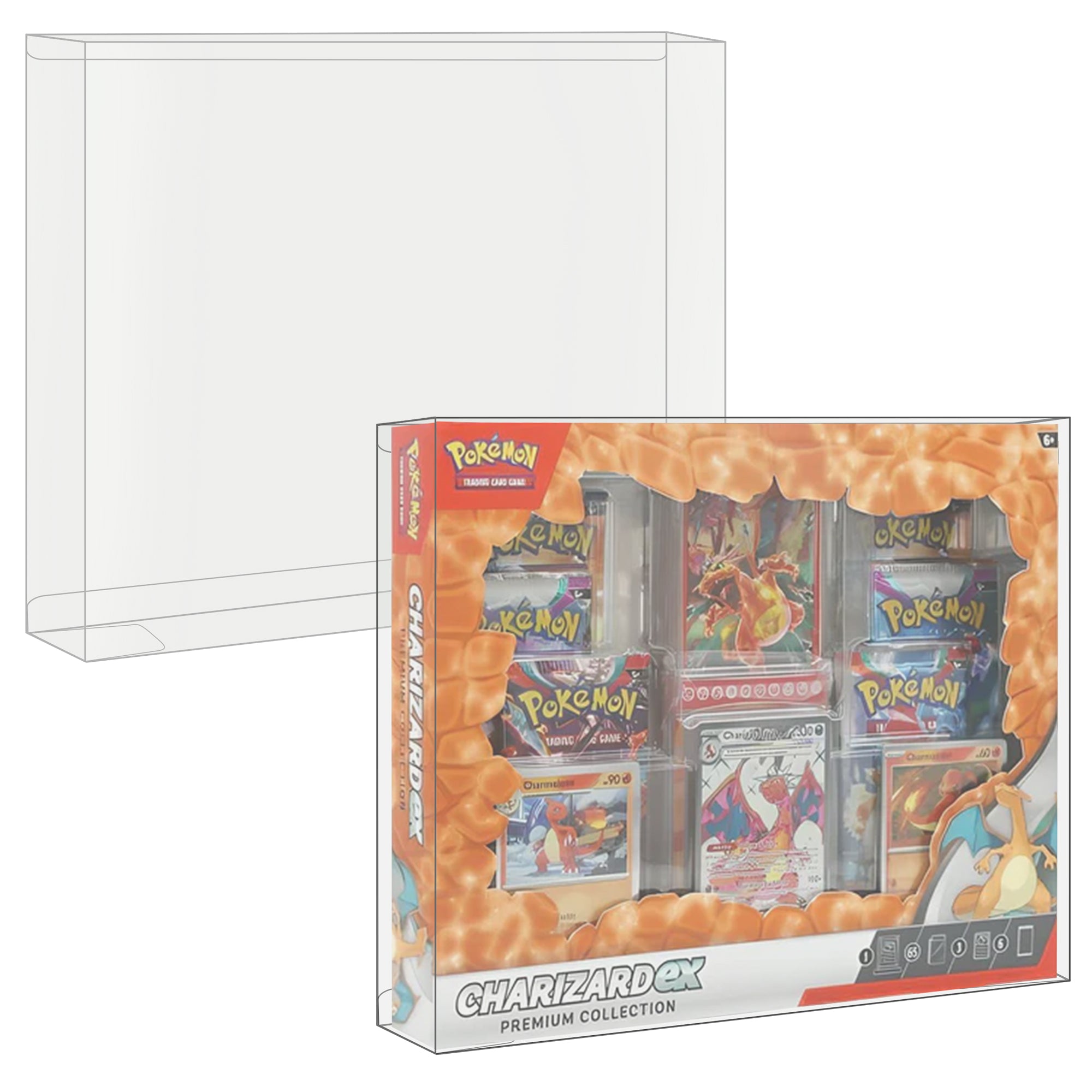 Protector case for Charizard ex Premium Collection, shown empty and with sealed box inside for display and protection
