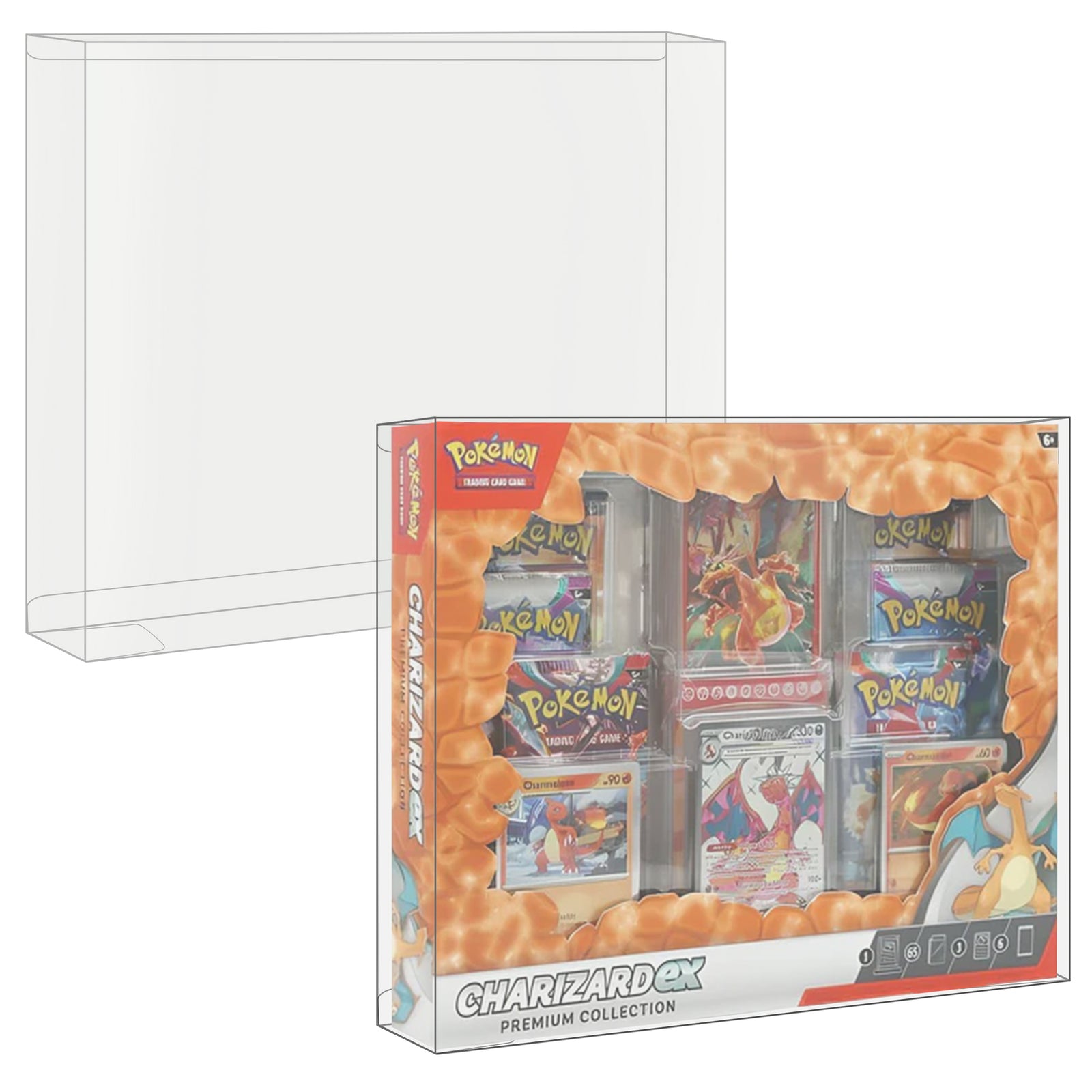 Protector case for Charizard ex Premium Collection, shown empty and with sealed box inside for display and protection