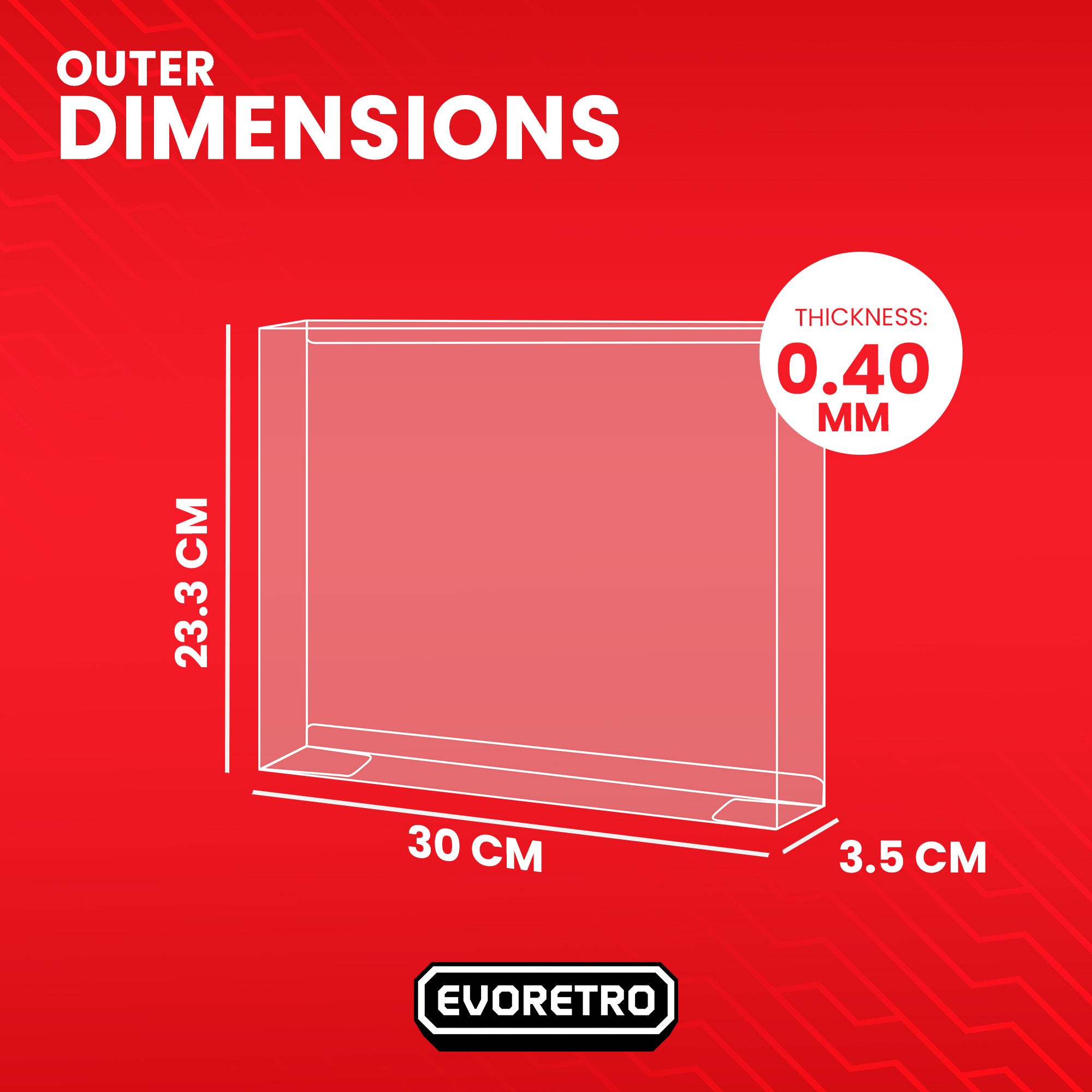Empty Charizard ex Premium Collection Box Protector with dimensions in cm shown on red background 