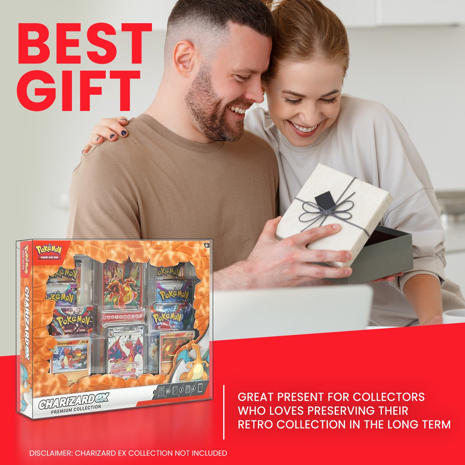 Man and woman opening a gift with a Pokémon Charizard EX collection box on a red background.