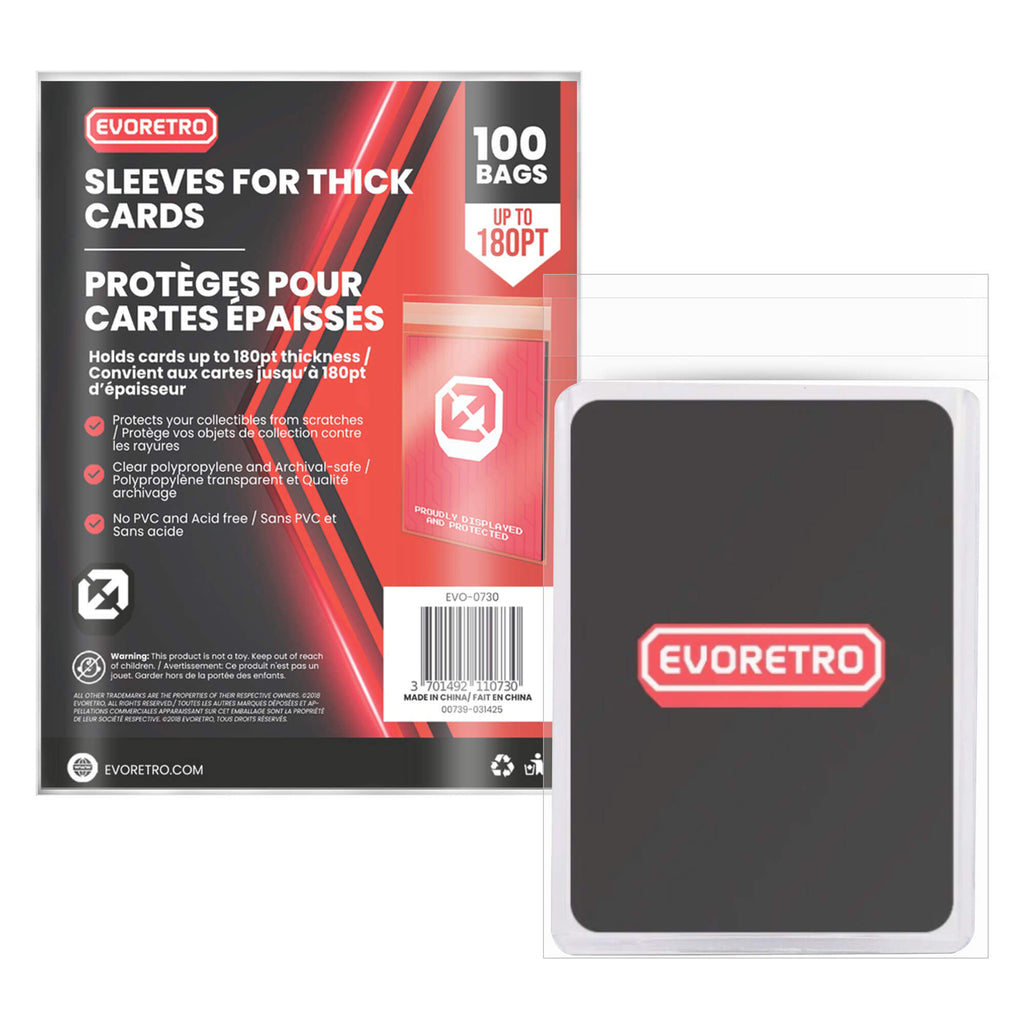 Soft sleeves for 180PT thick trading cards – premium TCG card protectors – EVORETRO 100 bags