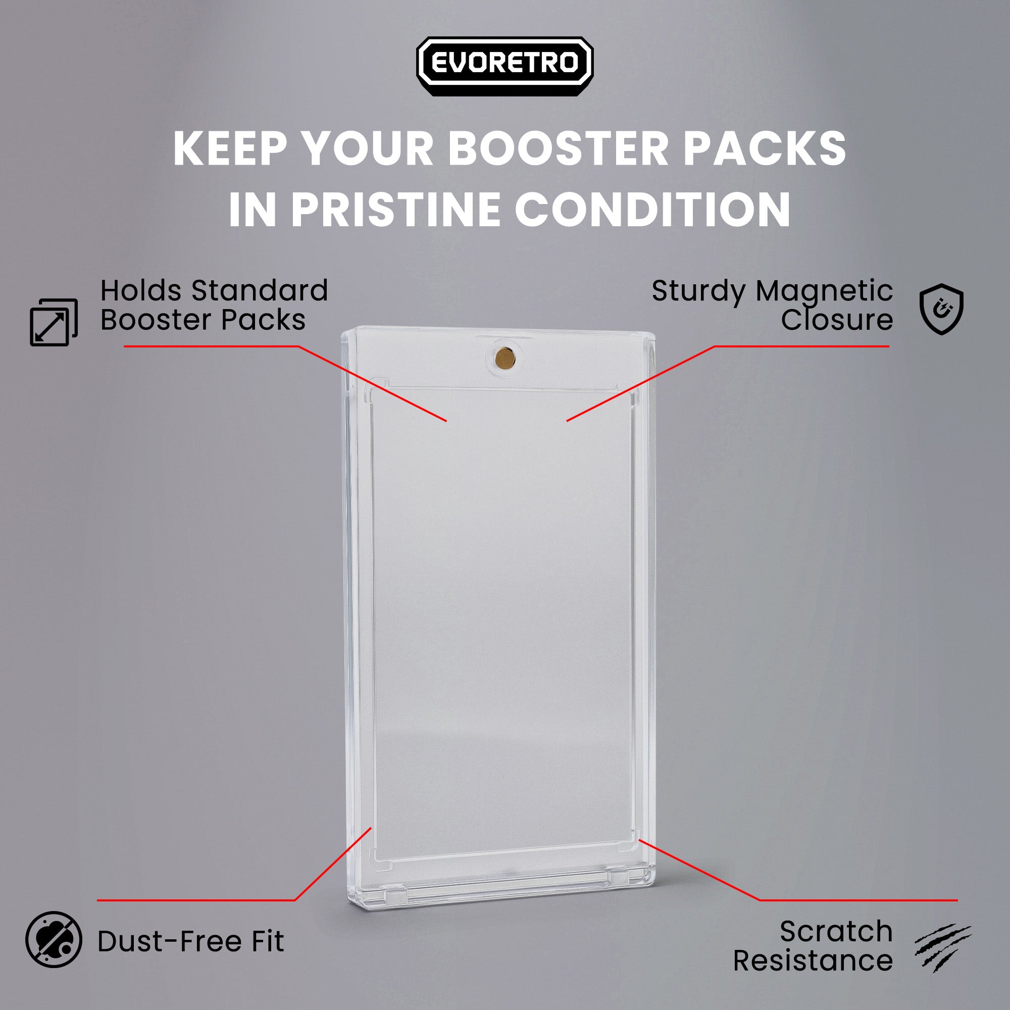 Empty EVORETRO Magnetic One Touch booster pack holder with text listing product features on gray background.