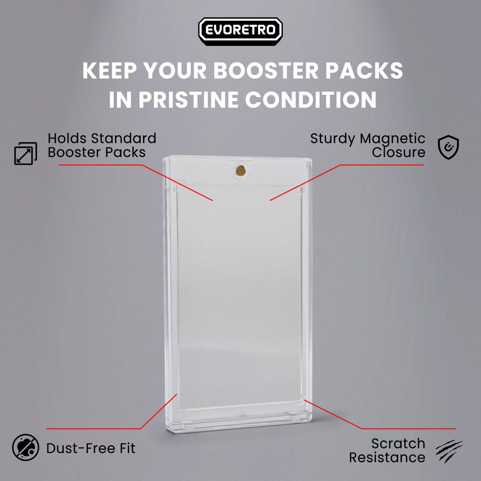 Empty EVORETRO Magnetic One Touch booster pack holder with text listing product features on gray background.