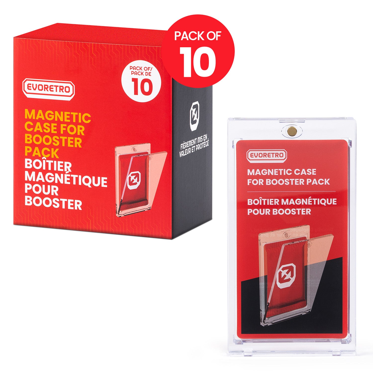 EVORETRO box labeled Magnetic Case for Booster Pack with pack of 10 badge, shown beside a clear magnetic card protector.