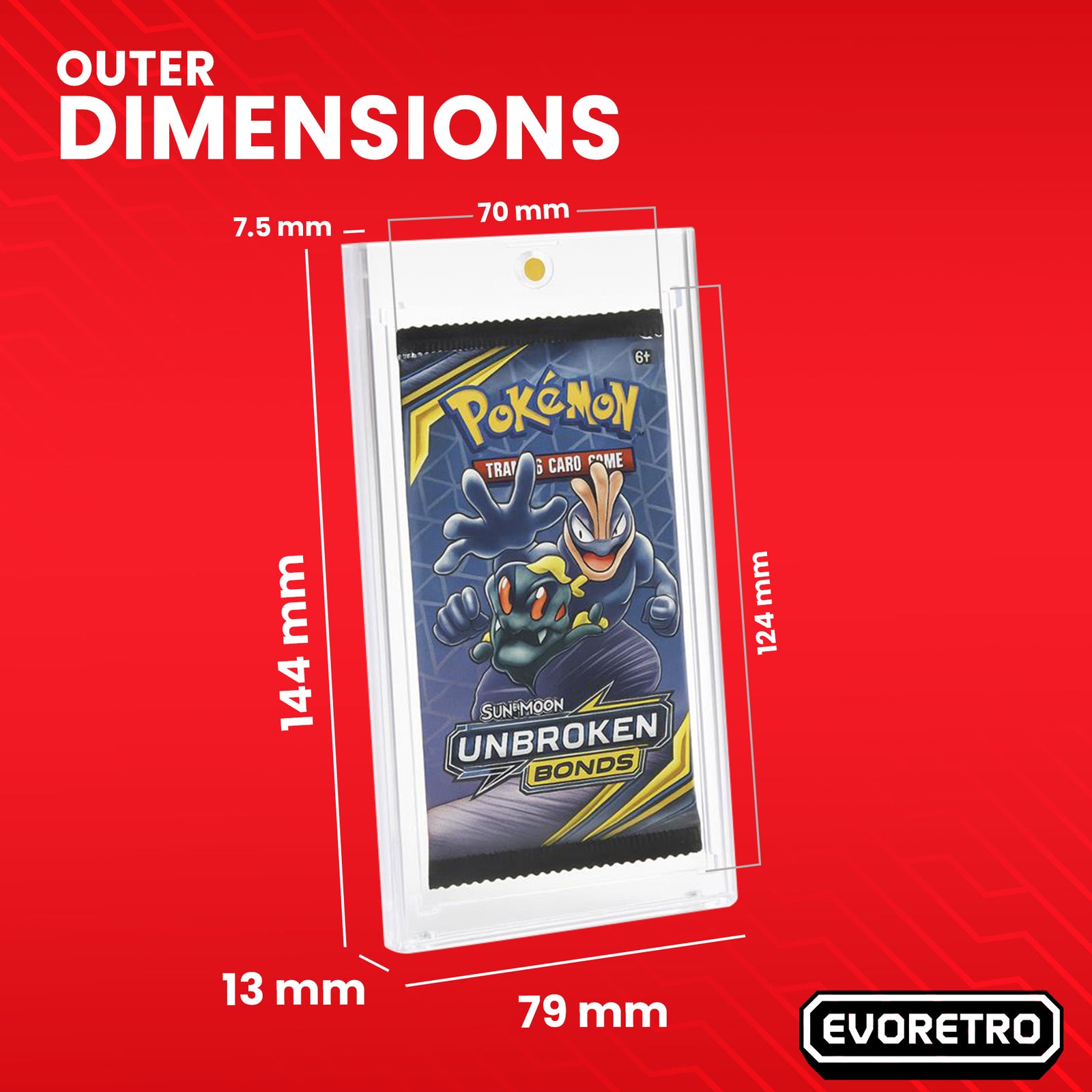 Clear EVORETRO Magnetic One Touch case holding Pokémon booster pack with size dimensions in cm on red background.