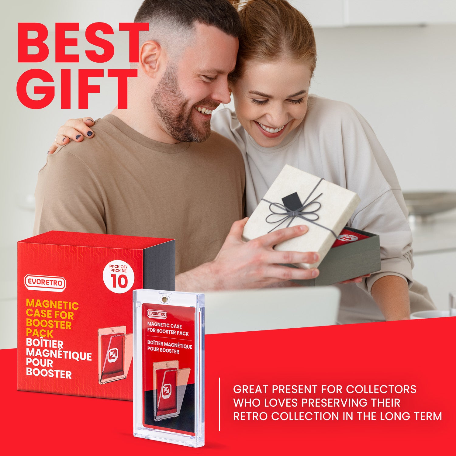 Man and woman opening gift box with text about it being a great present for collectors, Magnetic One Touch holder on left.