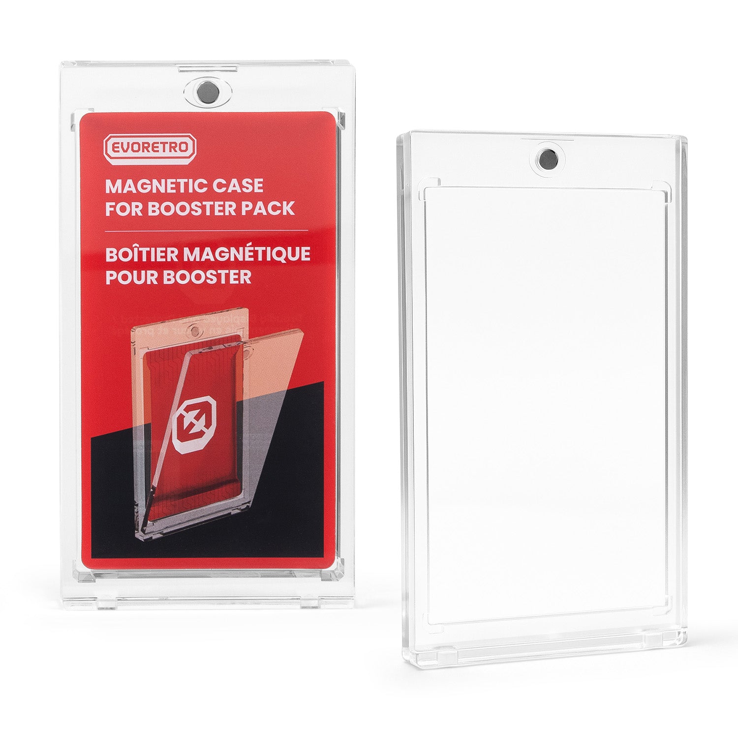 Magnetic case for booster pack packaging with clear case on white background