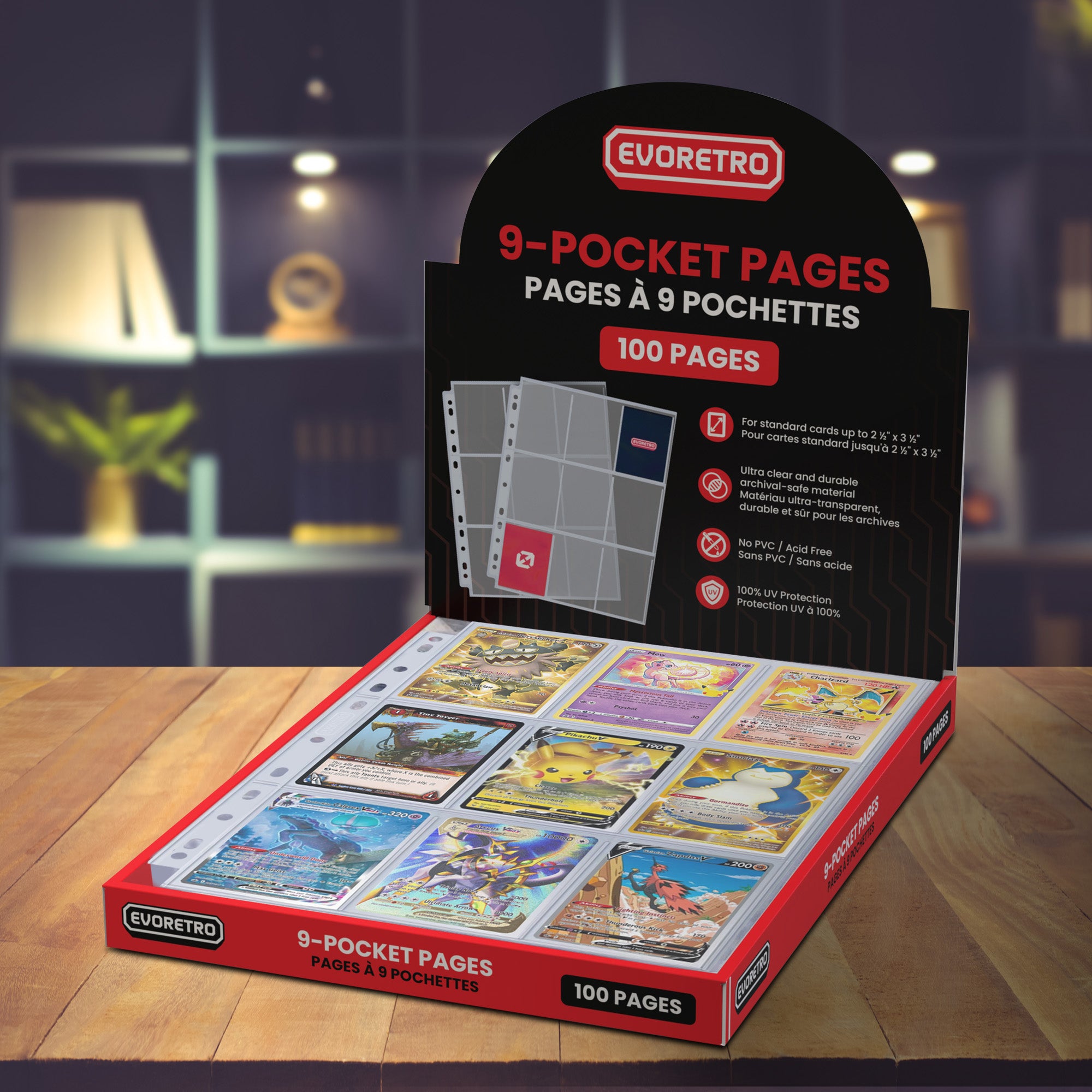 Collection of trading cards in a display box with Evoretro packaging on a wooden surface.