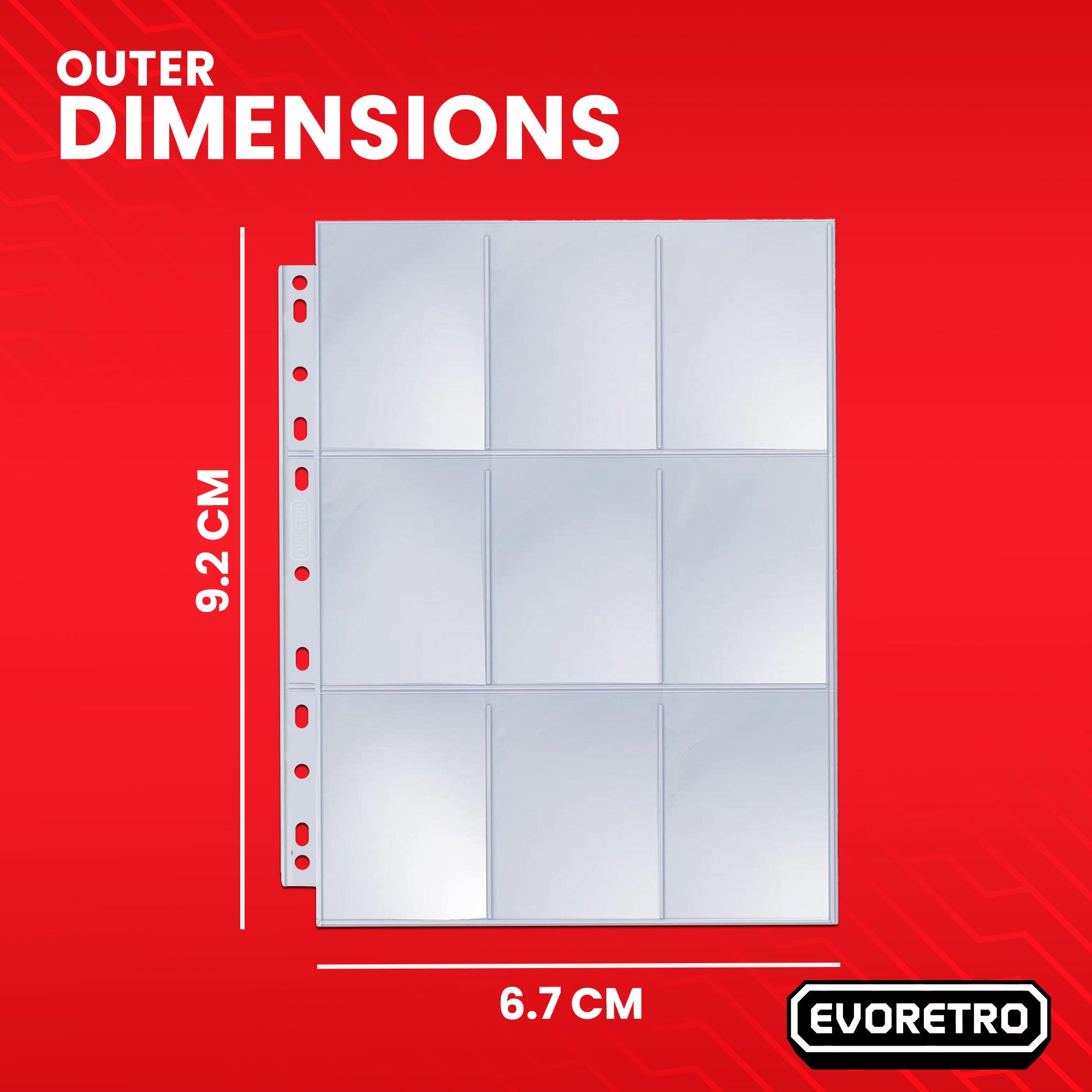 Evoretro 9-pocket trading card binder page with dimensions in centimeters.