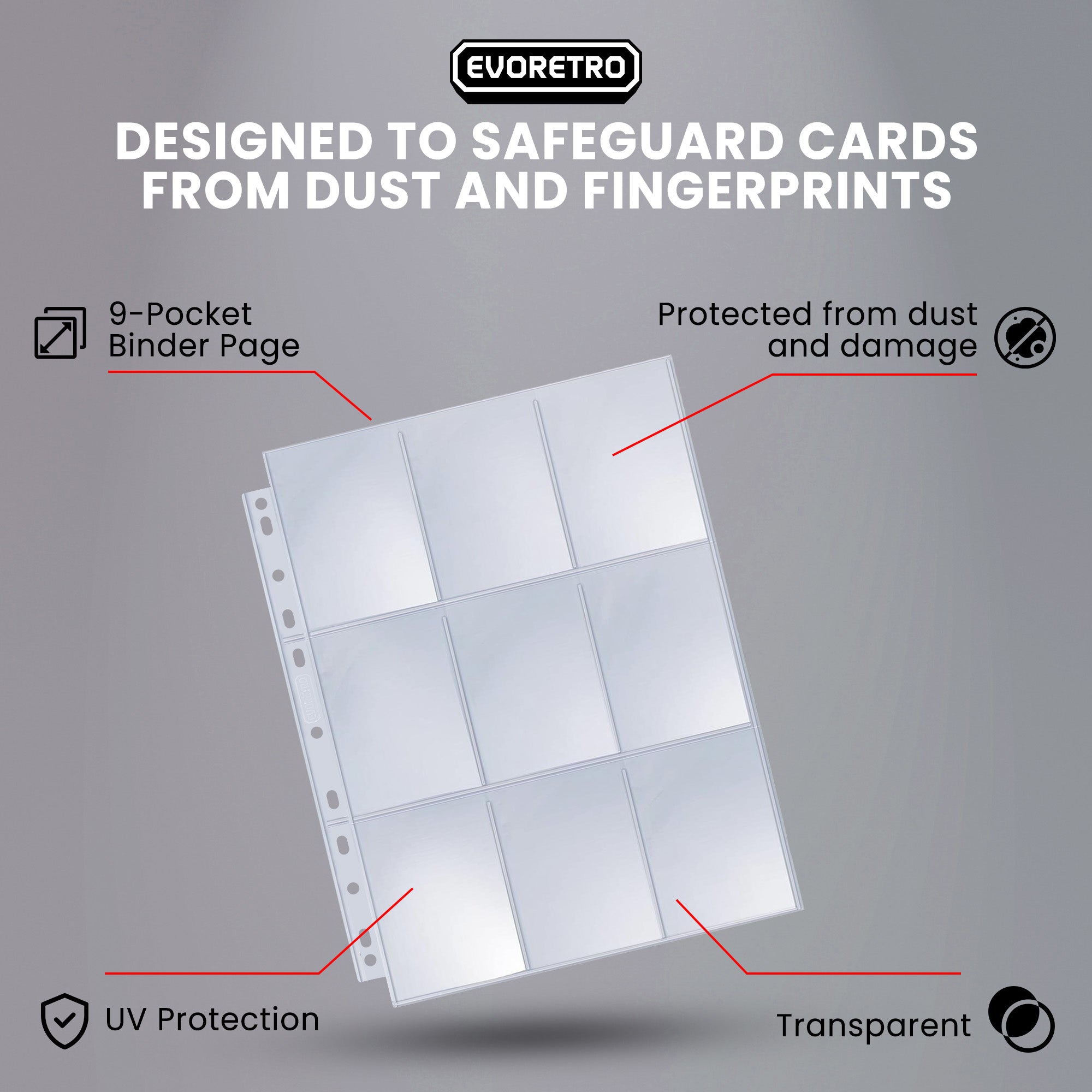 Evoretro 9-pocket trading card binder page on a gray background showing features for card protection.