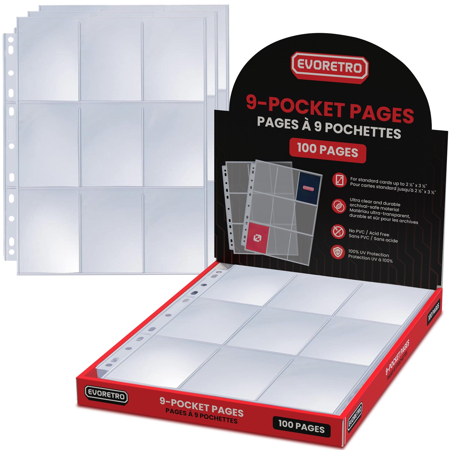 Evoretro 9-pocket pages packaging with clear pages on a white background