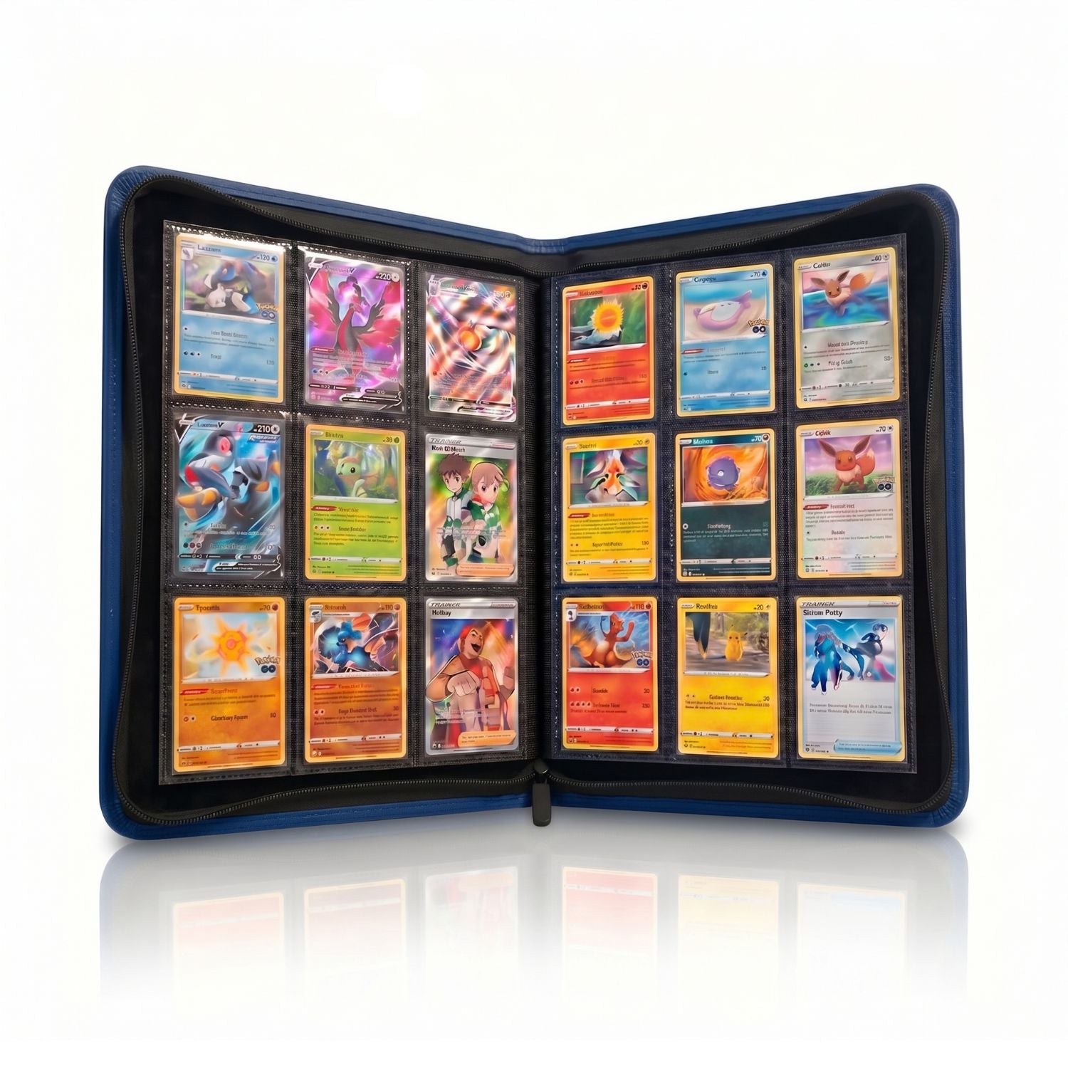 Regular 9 Pocket Card Binder with Zipper Royal Blue open with trading cards