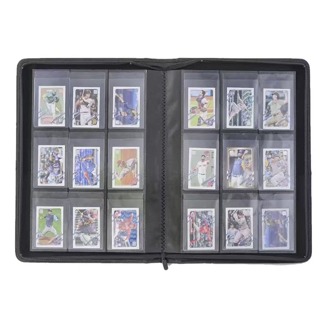 Open EVORETRO semi-rigid card binder showing organized card holders in a 3-column pocket layout